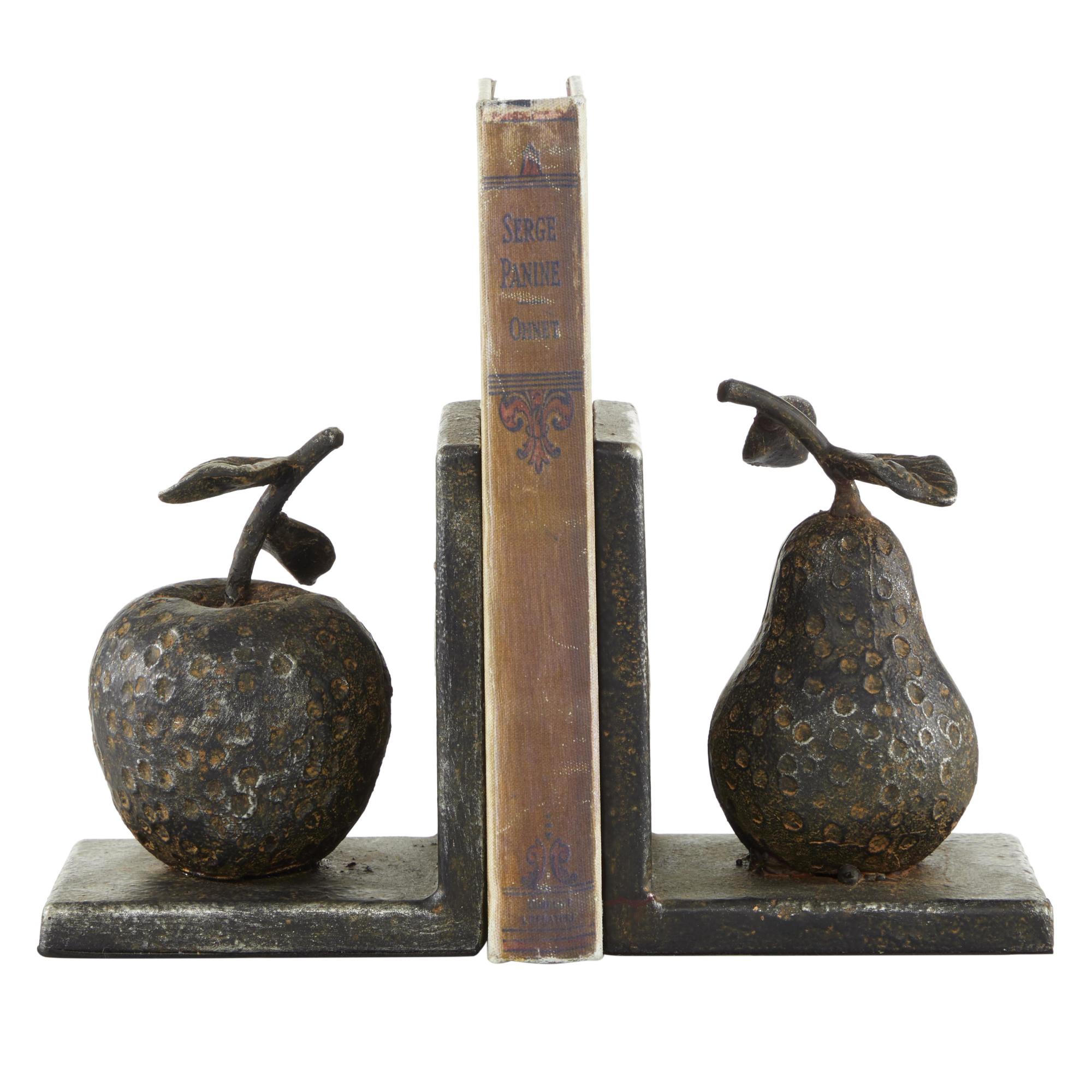 Set of 2 Fruit Gray Metal Apple and Pear Decorative Bookends