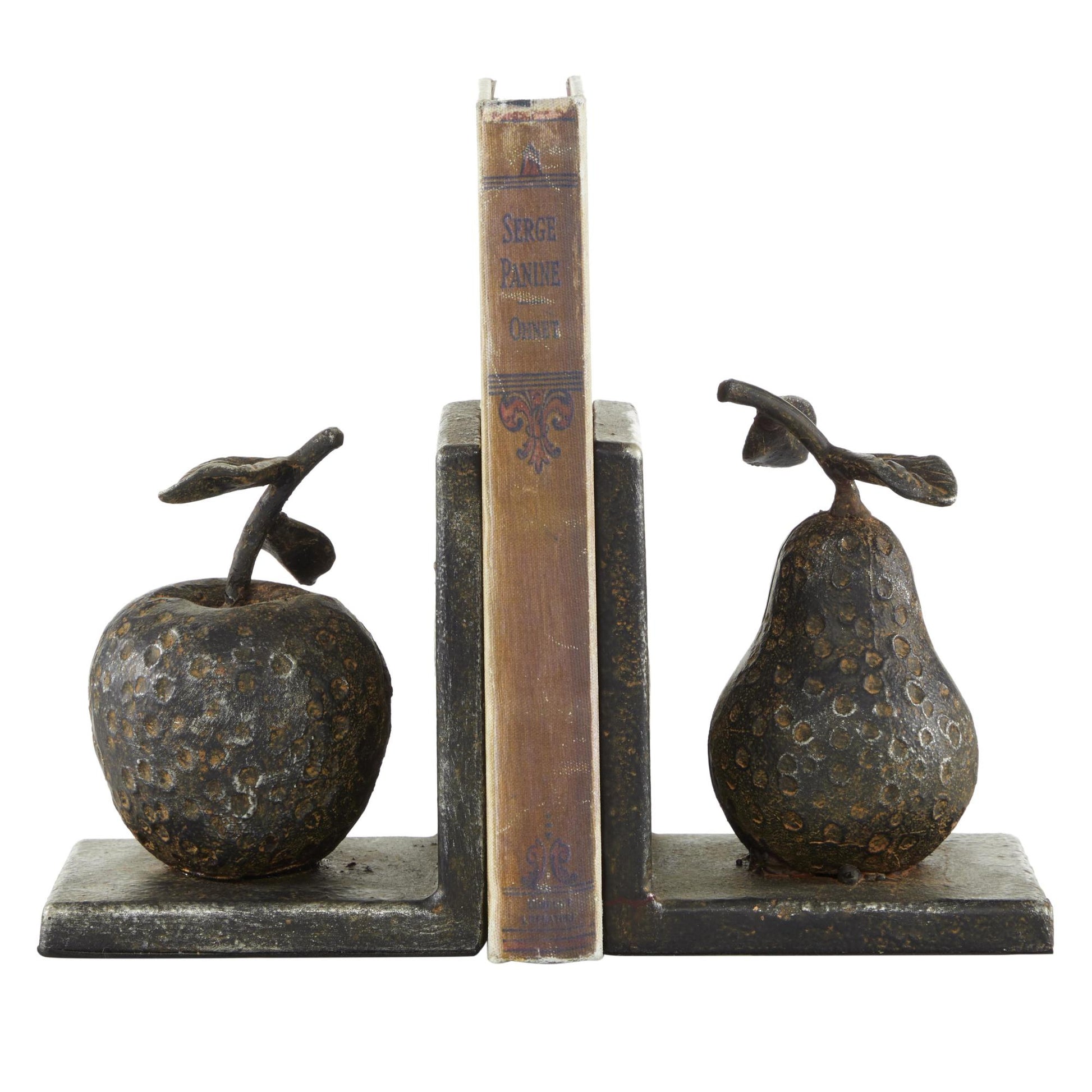 Set of 2 Fruit Gray Metal Apple and Pear Decorative Bookends