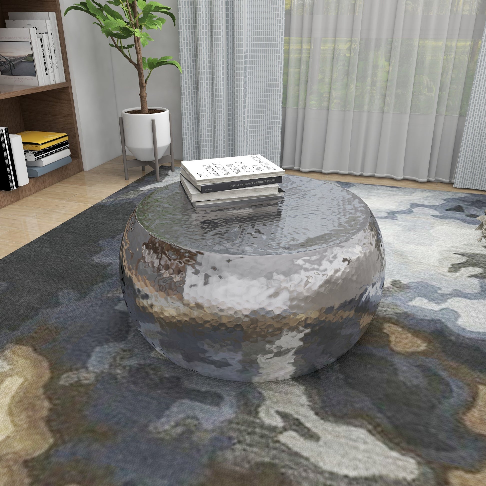 Silver Aluminum Metal Living Room Coffee Table with Hammered Design