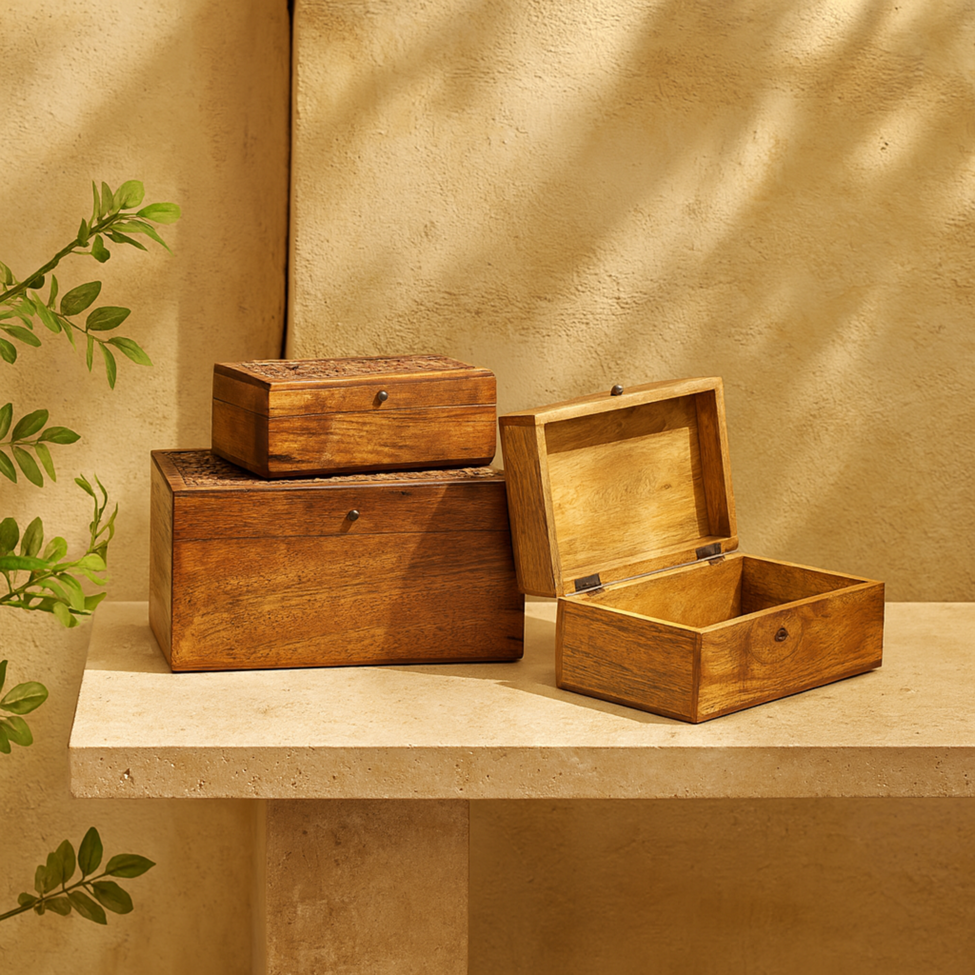 Set of 3 Brown Mango Wood Handmade Hammered Decorative Box with Hinged Lid