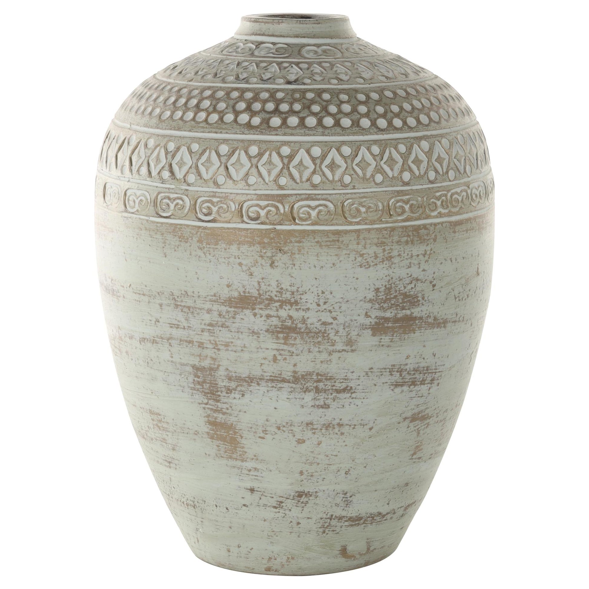 Green Ceramic Handmade Antique Style Decorative Vase with Geometric Tribal Carvings