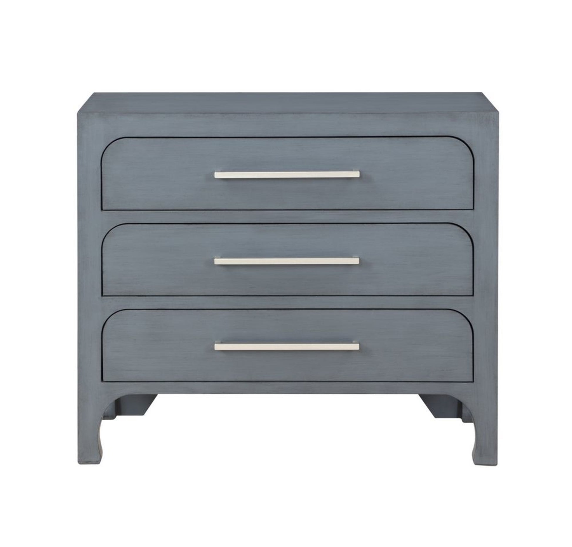 Blue Wooden 3 Drawer Room Dresser with Curved Drawer Frames and Legs and Silver Bar Handles