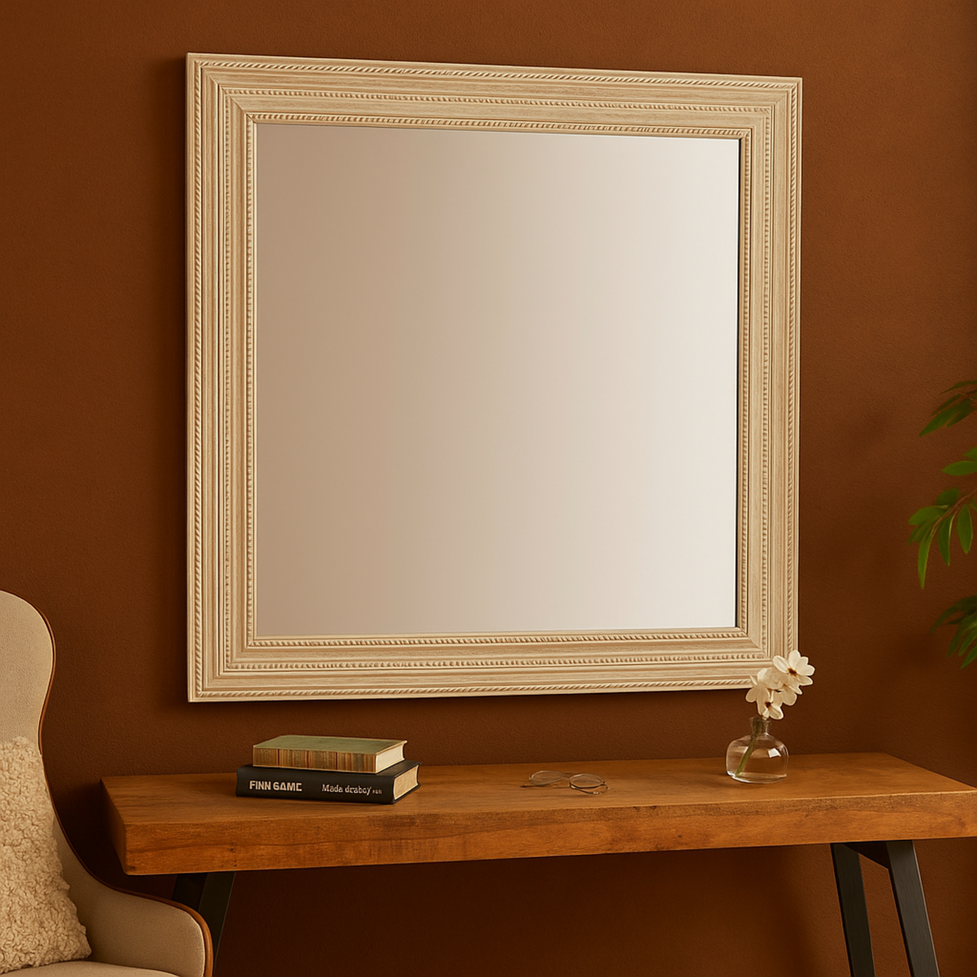 Cream Mango Wood Handmade Room Wall Mirror with Ribbed Edged Frame