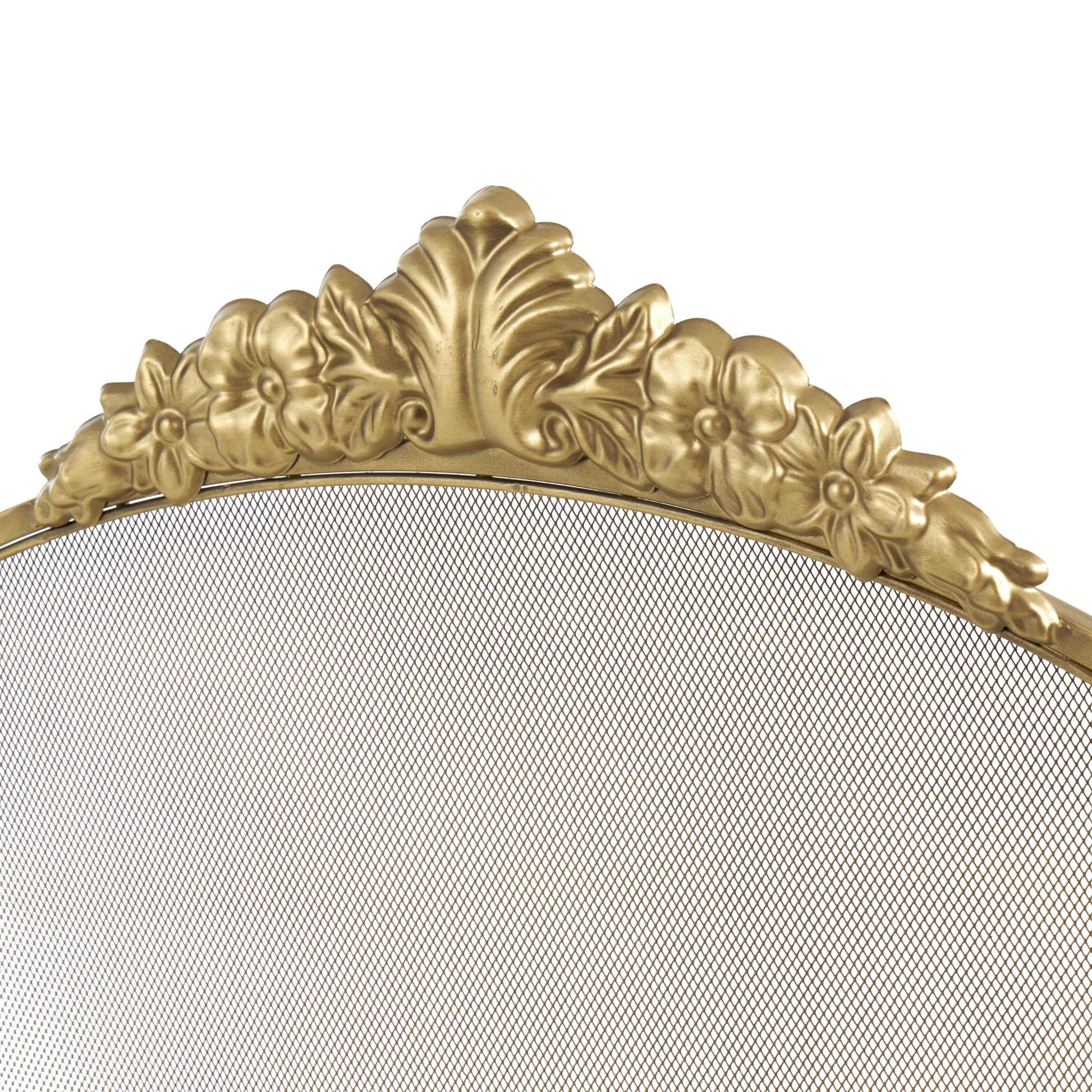 Floral Gold Metal Ornate Antique Arched 3 Panel Living Room Fireplace Screen with Finial Accents