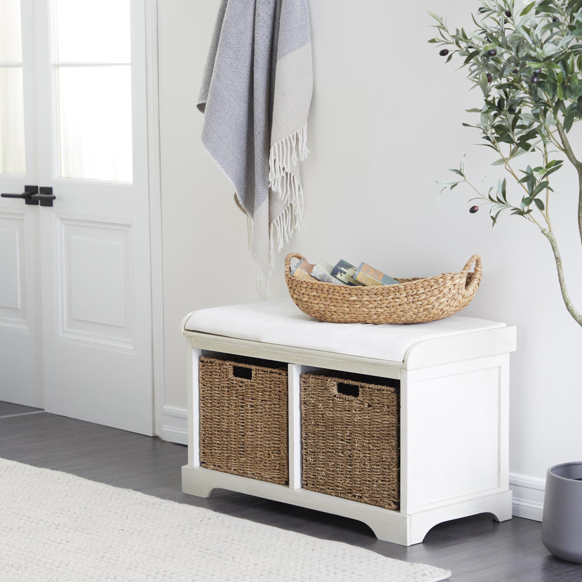 White Wood Room Storage Bench with Brown Seagrass Baskets and Cushioned Seat