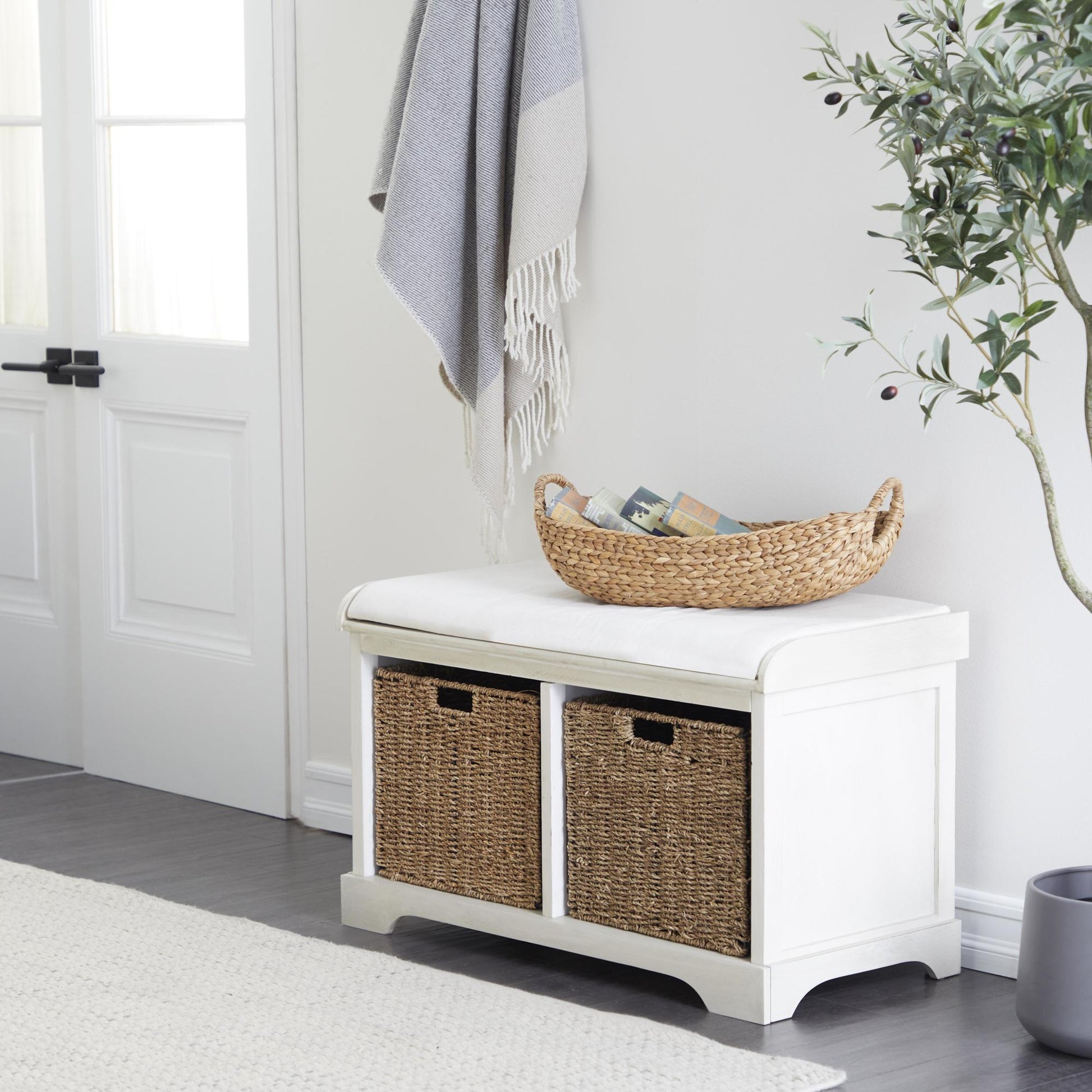 White Wood Room Storage Bench with Brown Seagrass Baskets and Cushioned Seat