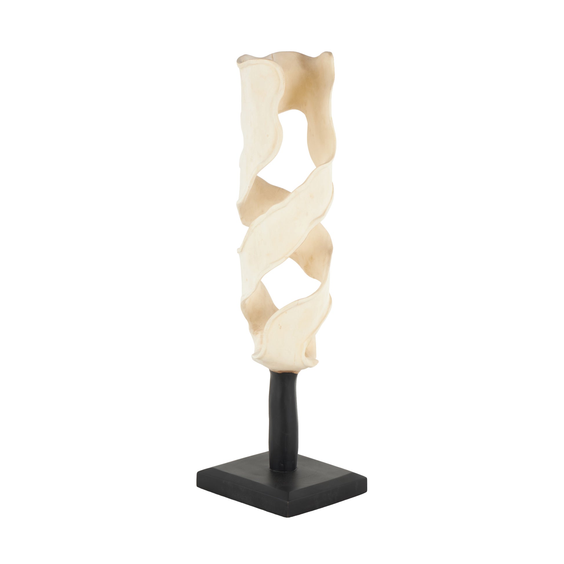 Abstract Cream Teak Wood Handmade Live Edge Intertwined Decorative Sculpture with Black Square Base