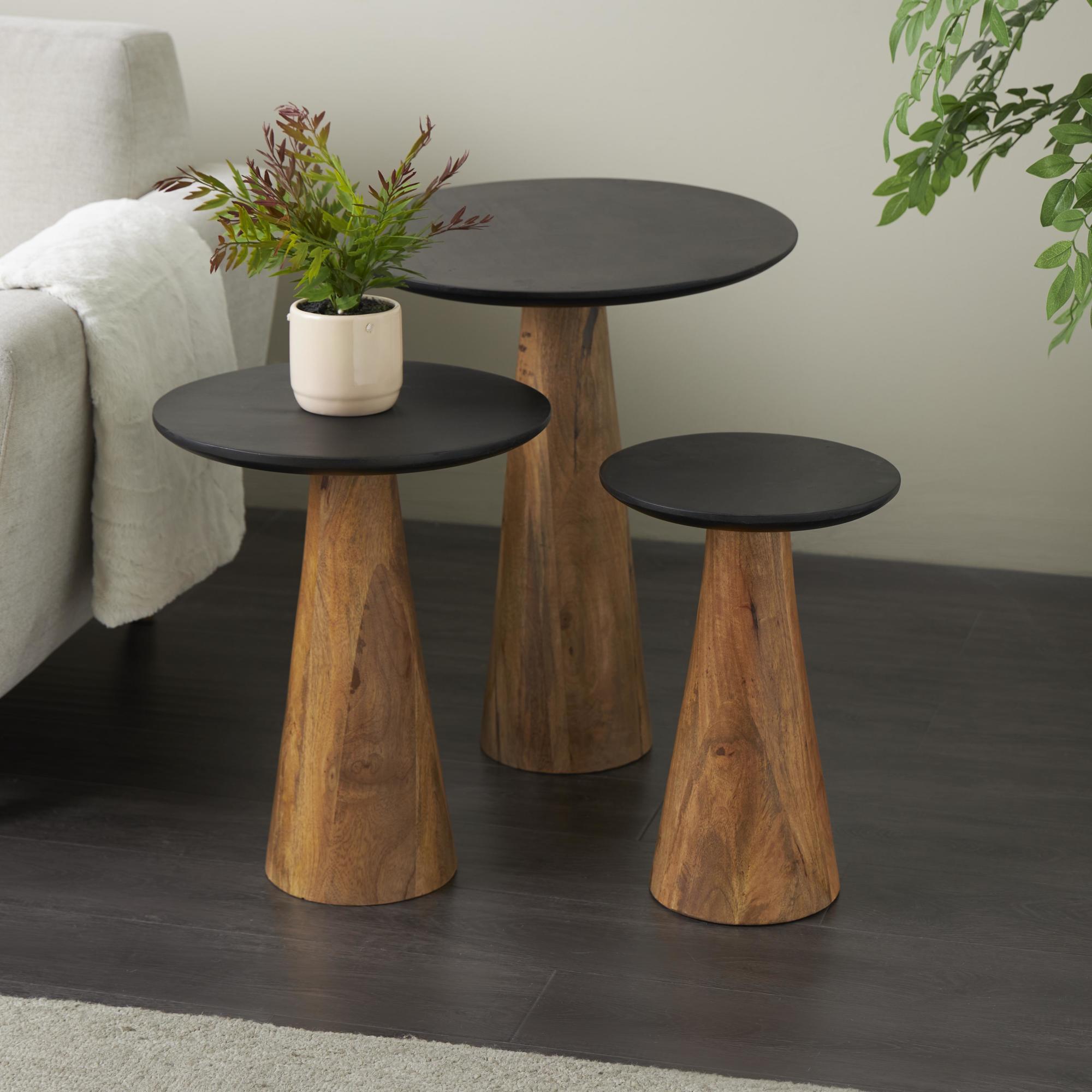 Set of 3 Brown Mango Wood Handmade Cone Shaped Side End Accent Table with Black Tabletops