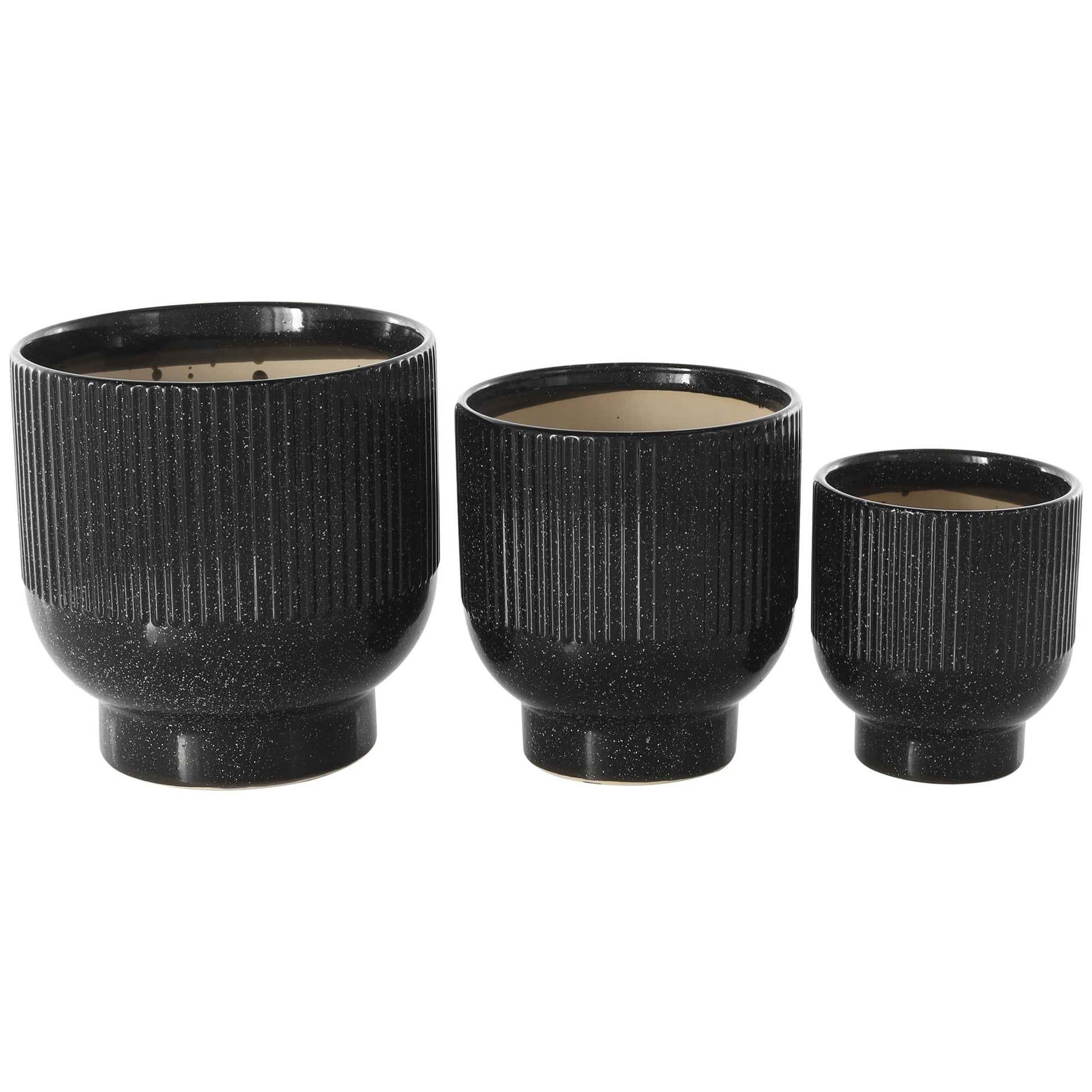 Set of 3 Ceramic Speckled Indoor Outdoor Planter with Linear Grooves and Tapered Bases Set of 3 9", 8", 6"H