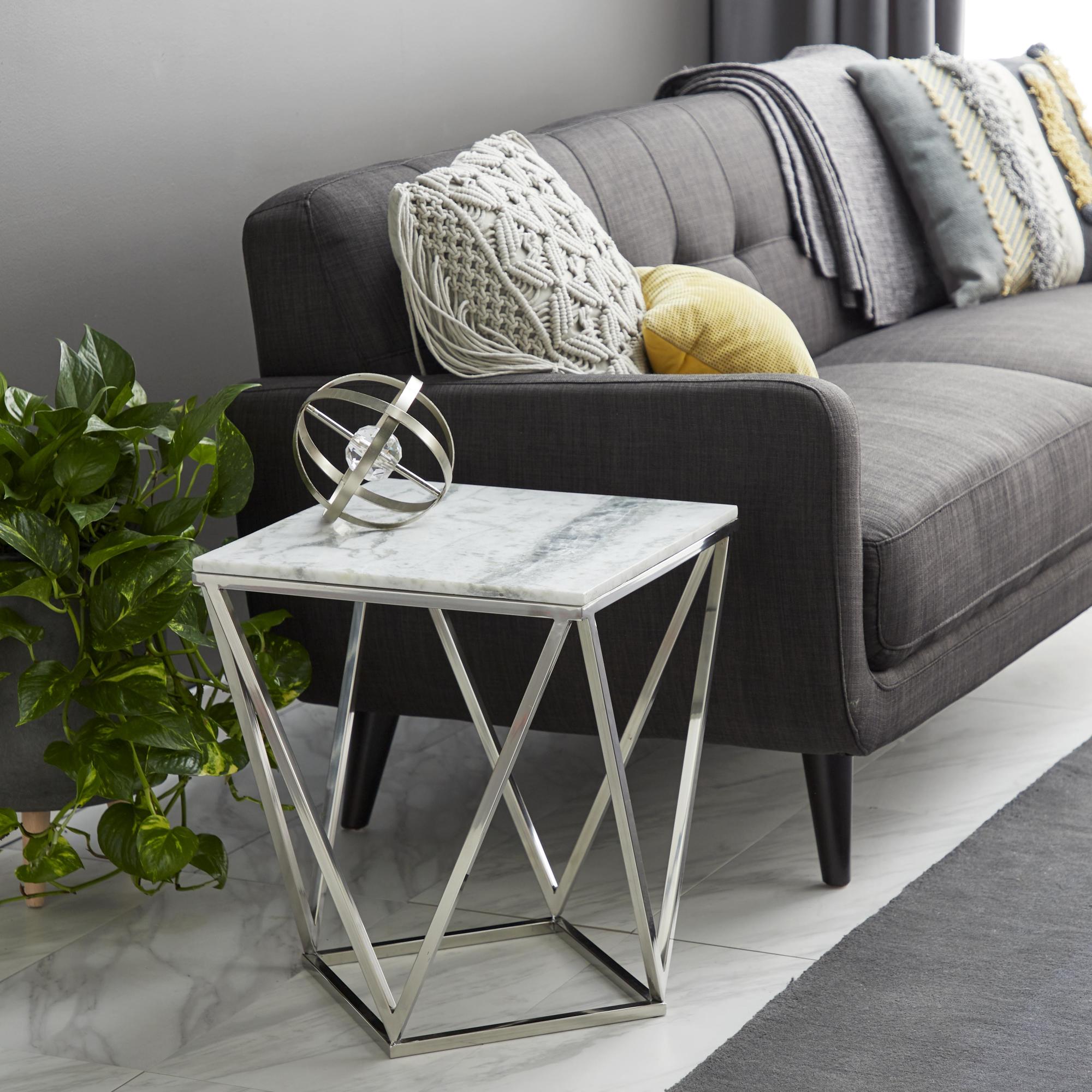 Geometric Silver Stainless Steel Metal Side End Accent Table with Marble Top
