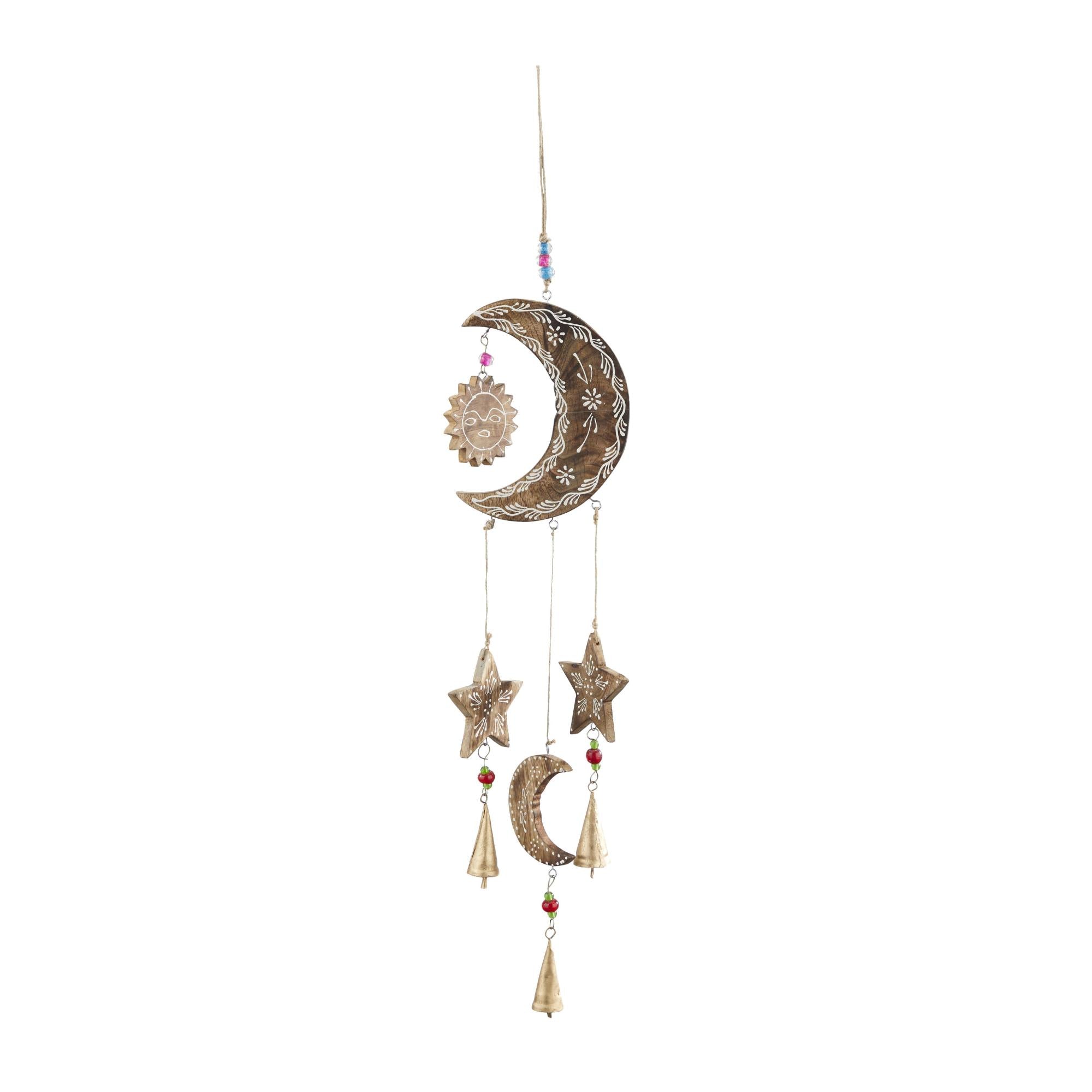 Sun and Moon Gold Mango Wood Handmade Indoor Outdoor Windchime with Glass Beads and Cone Bells