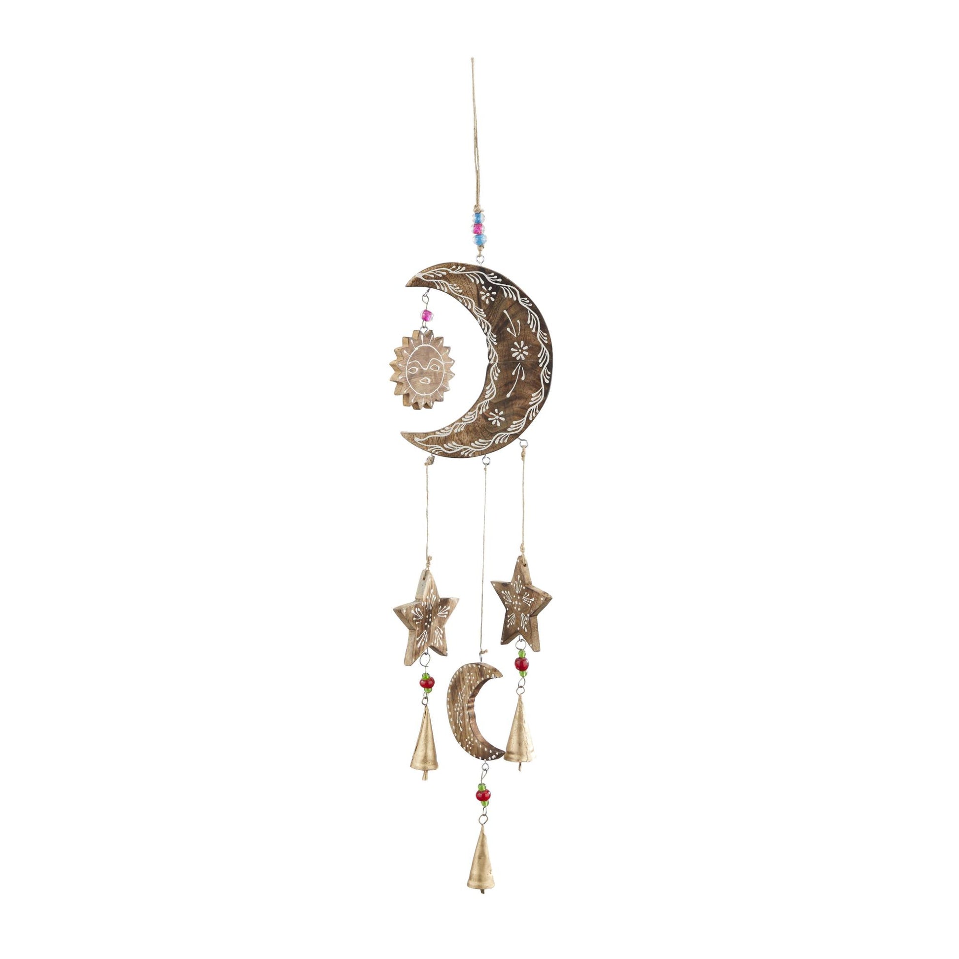 Sun and Moon Gold Mango Wood Handmade Indoor Outdoor Windchime with Glass Beads and Cone Bells