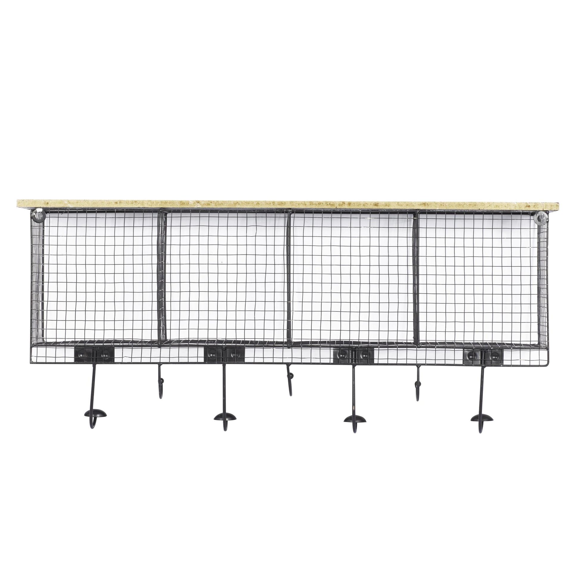 Black Metal Caged 4 Cubby and 7 Hanger Home Wall Hook with Wood Shelf