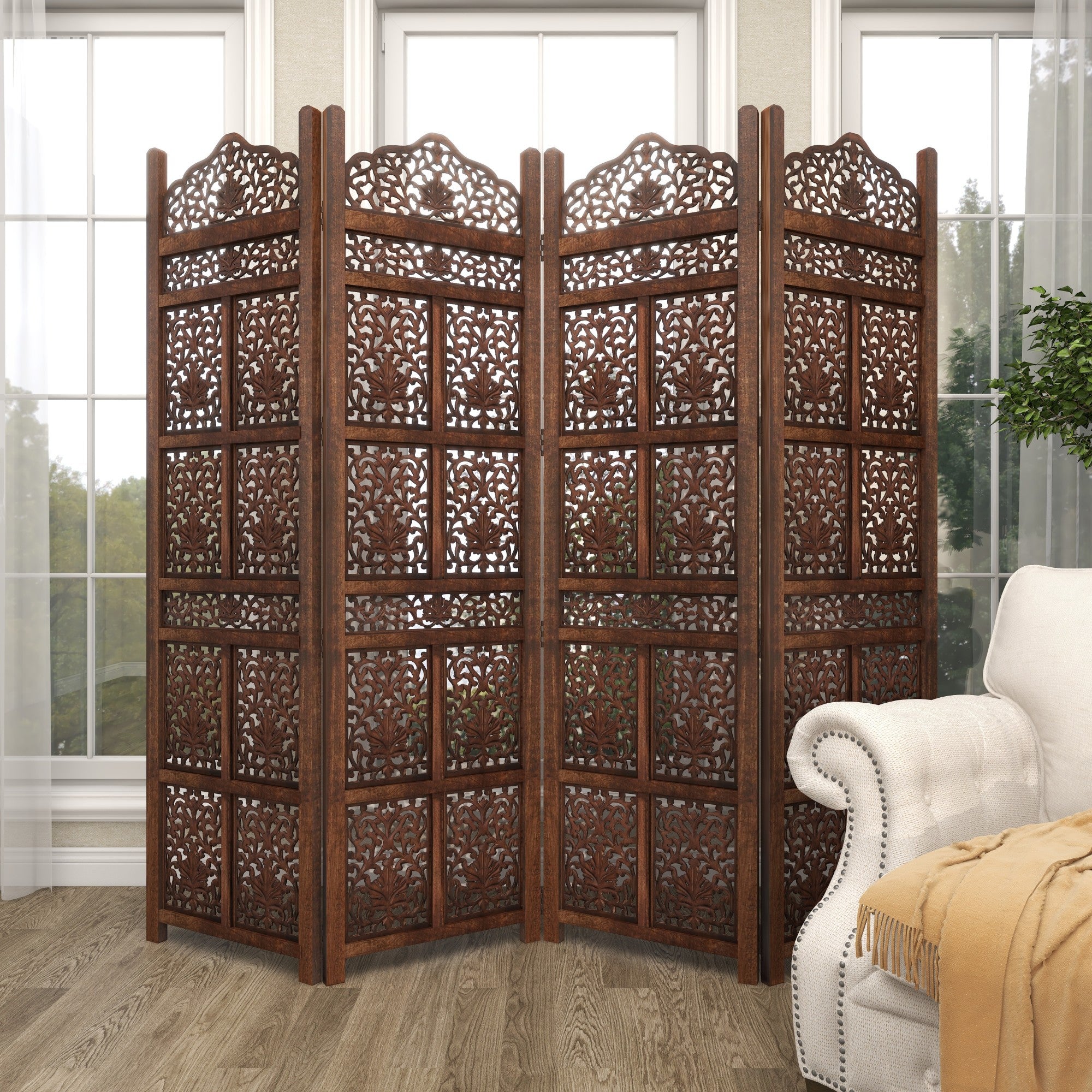 Floral Dark Brown Wood Handmade Foldable Partition 4 Panel Partition Room Divider Screen with Carved Designs