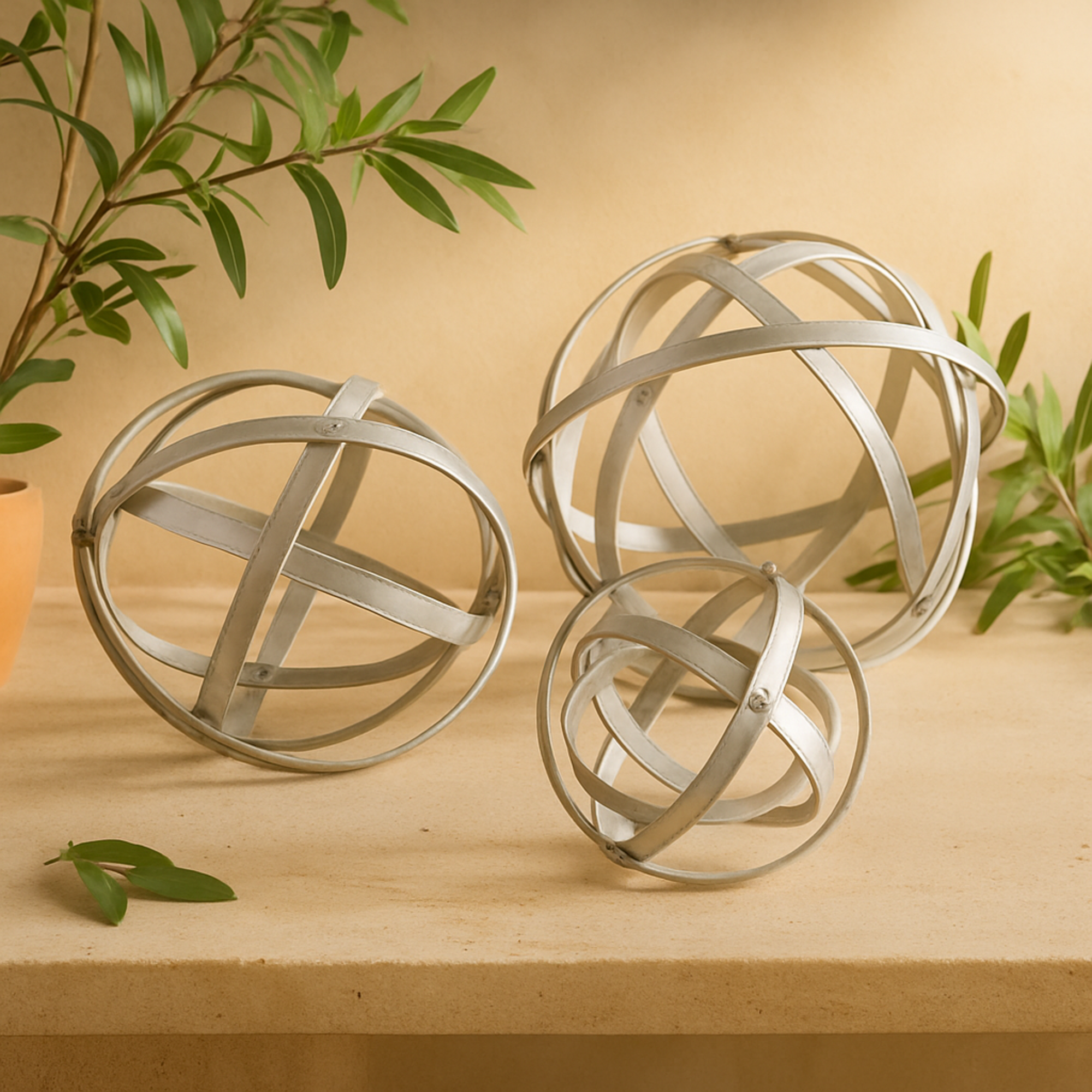 Set of 3 Geometric Silver Metal Decorative Sculpture