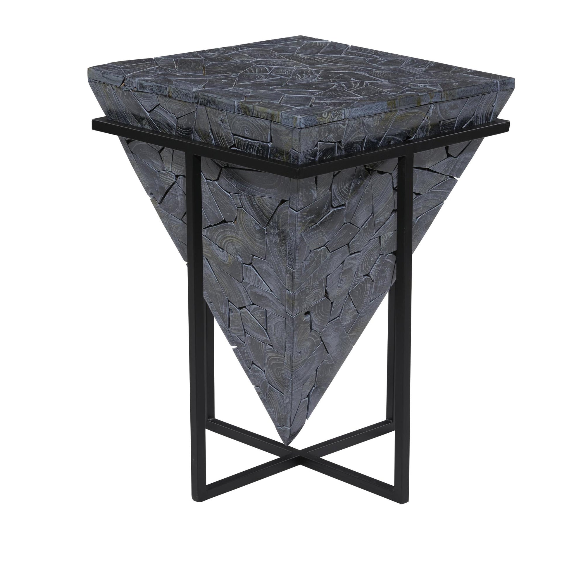 Geometric Teak Wood Handmade Inverted Pyramid Side End Accent Table with Black Metal Base 17" x 17" x 22"