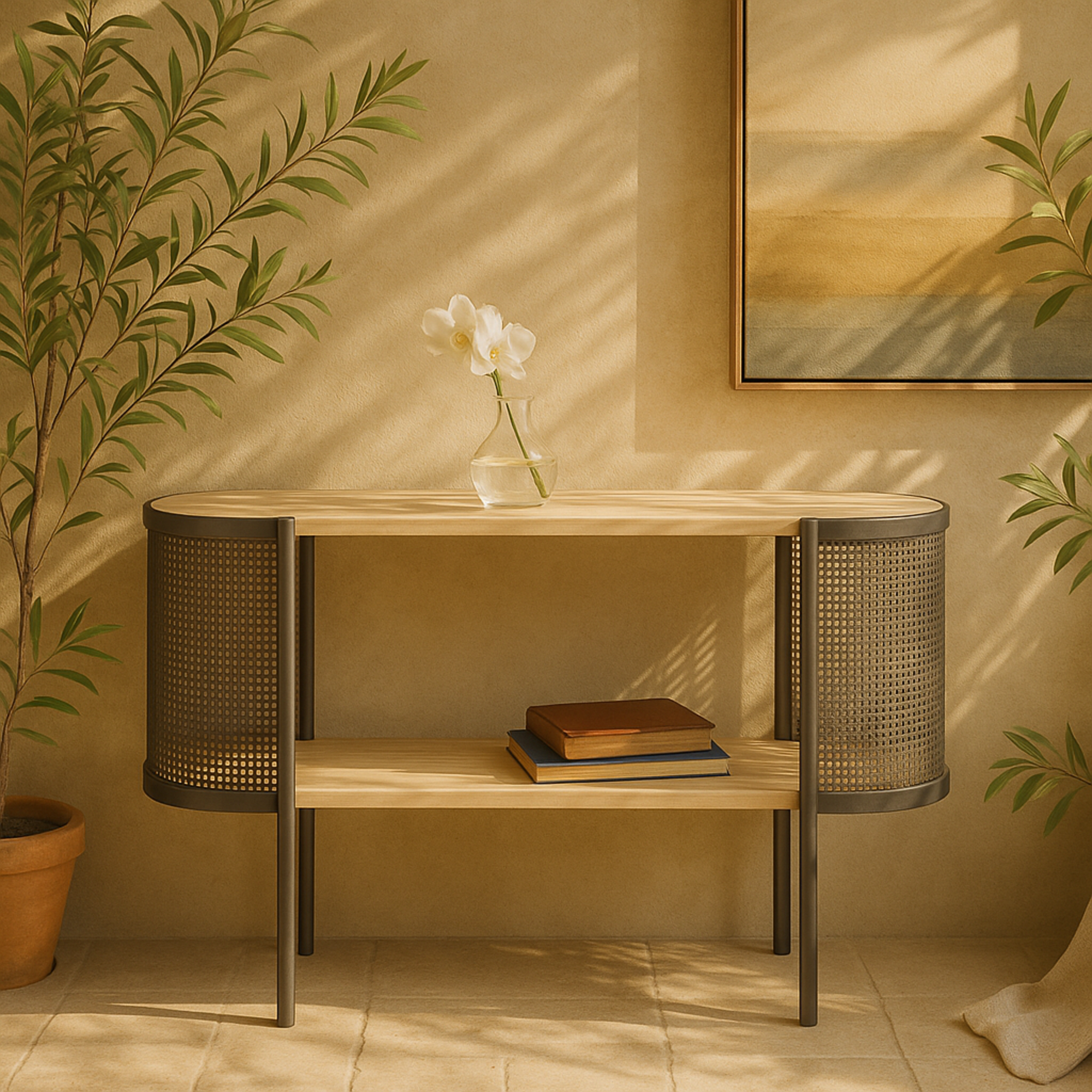 Light Brown Wooden Oval Two-Toned Living Room Console Table with Mesh Side Panels and Brown Wood Tabletop
