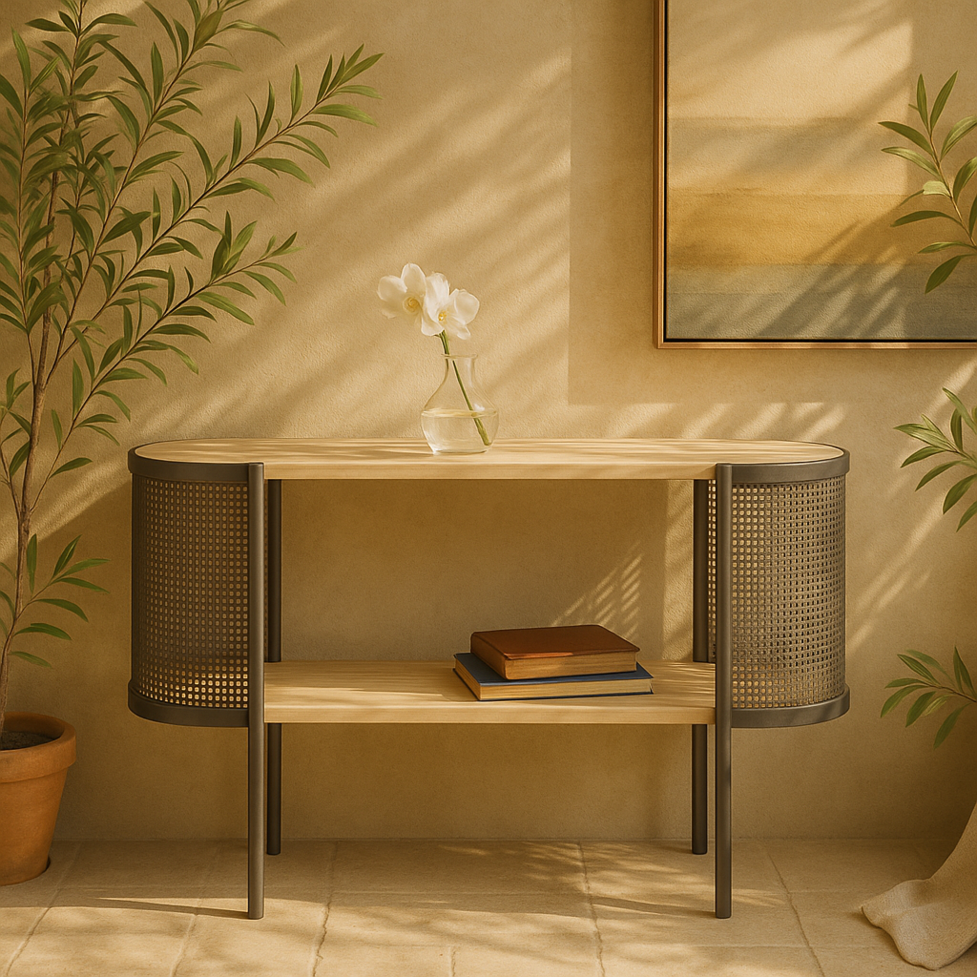 Light Brown Wooden Oval Two-Toned Living Room Console Table with Mesh Side Panels and Brown Wood Tabletop
