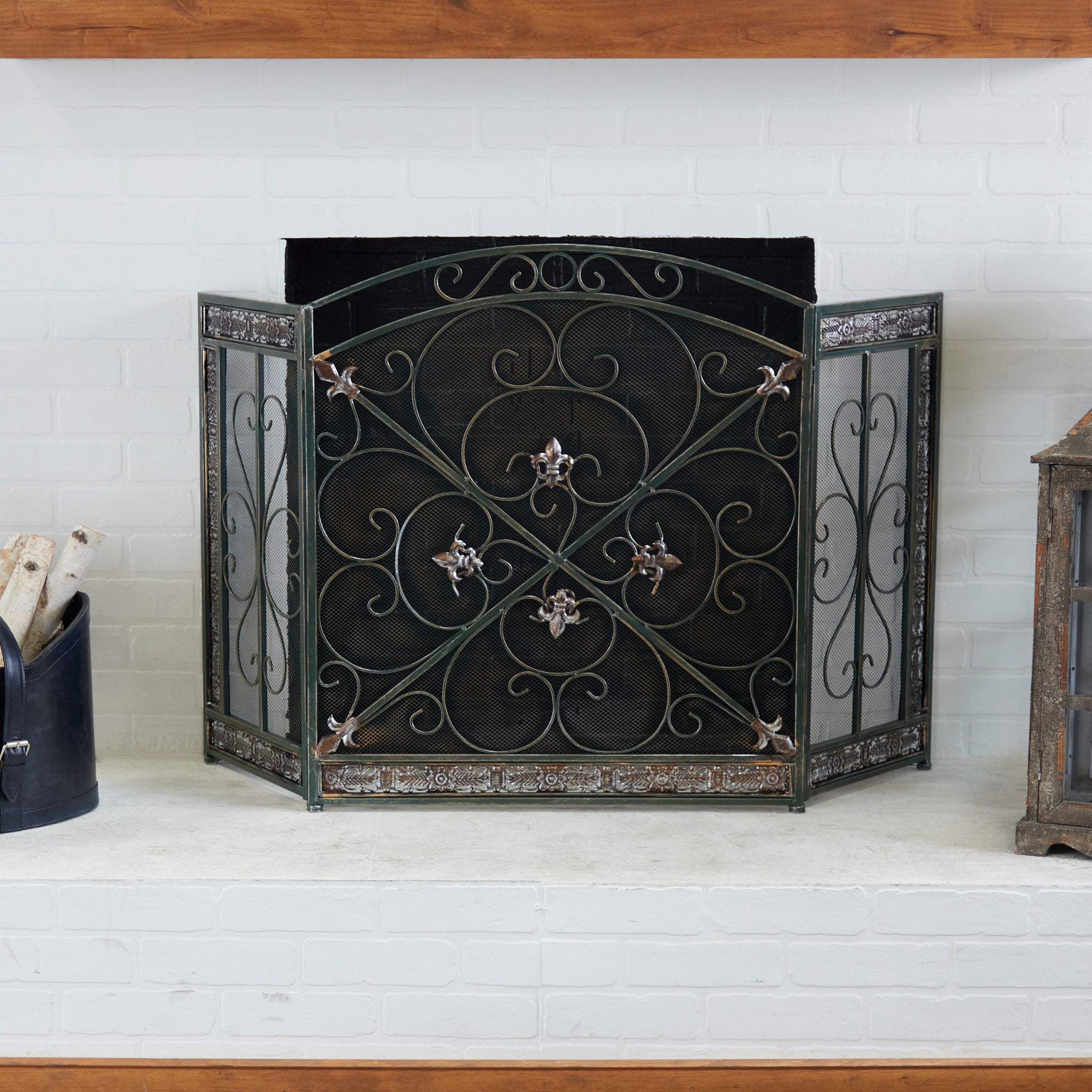 Fleur De Lis Green Metal Foldable Arched 3 Panel Living Room Fireplace Screen