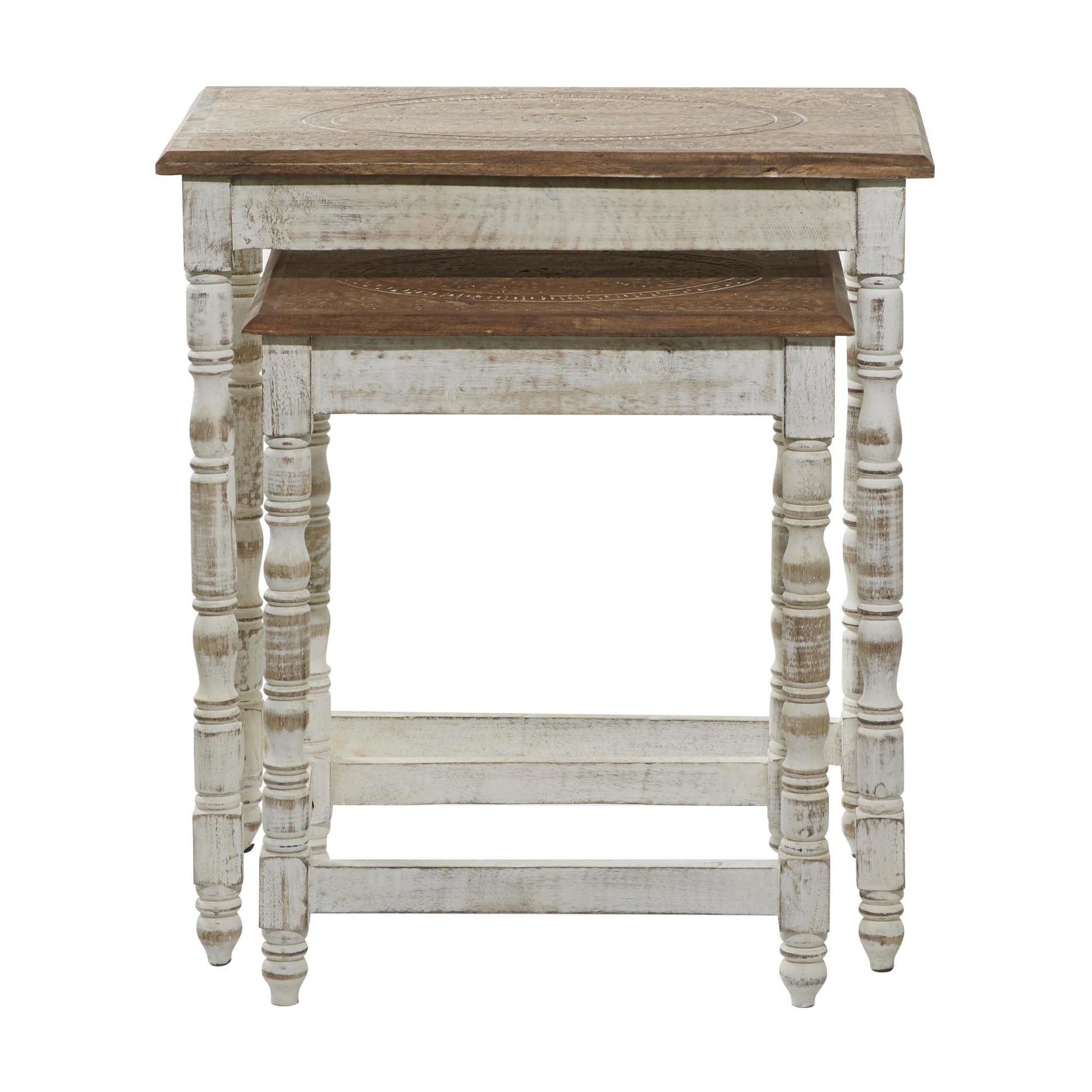 Set of 2 Floral Mango Wood Handmade Intricately Carved Side End Accent Table with Carved Tabletops