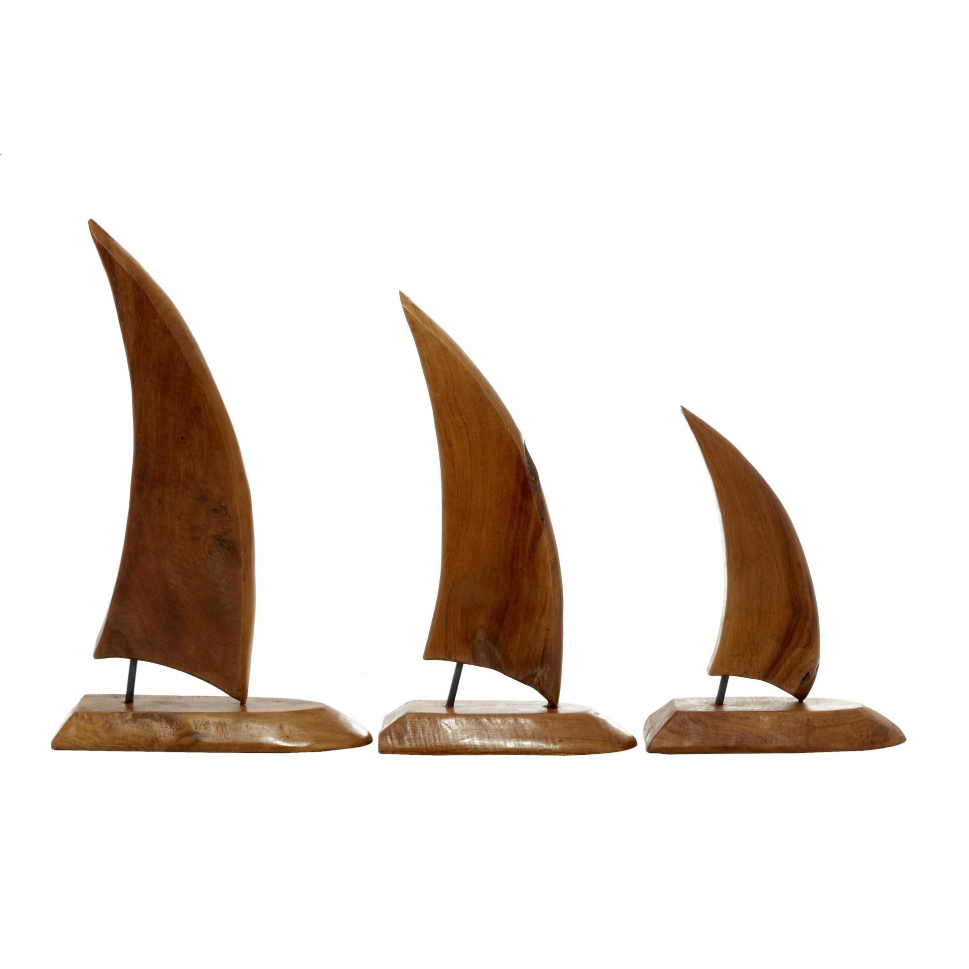 Set of 3 Sail Boat Brown Teak Wood Handmade Decorative Sculpture