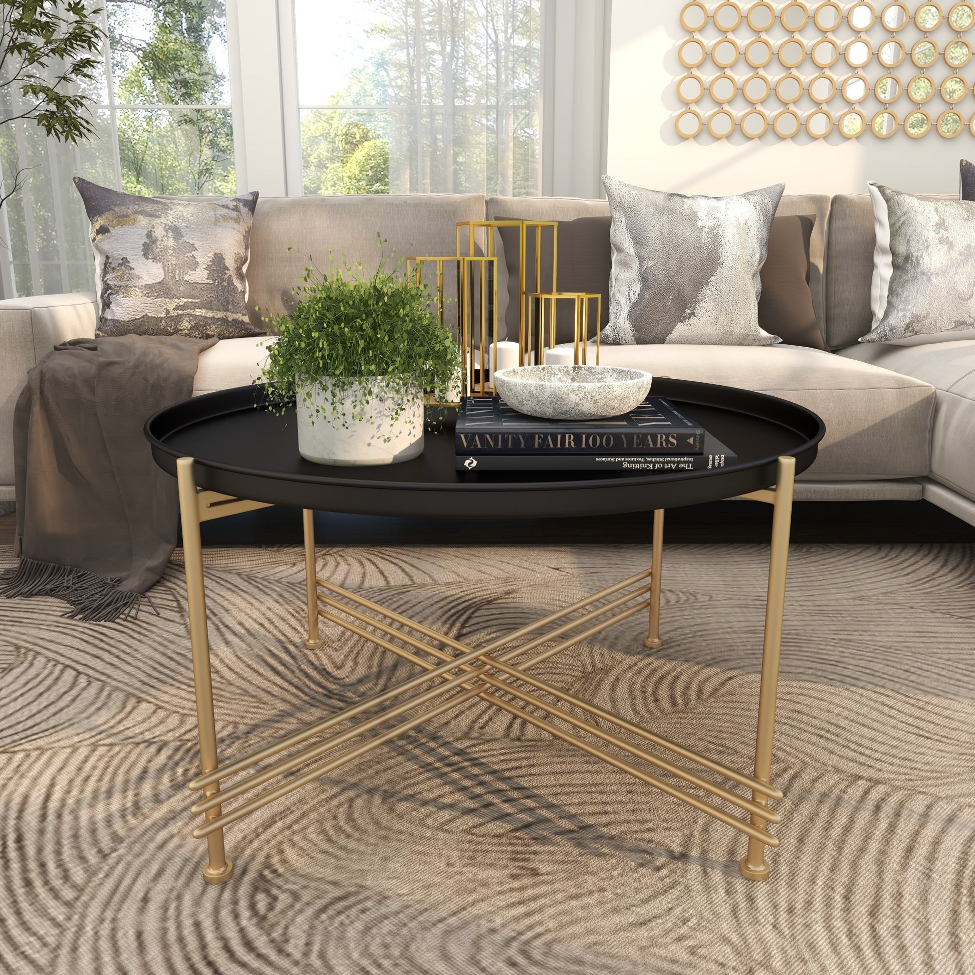 Black Metal Tray Top Living Room Coffee Table with Gold X-Shaped Base