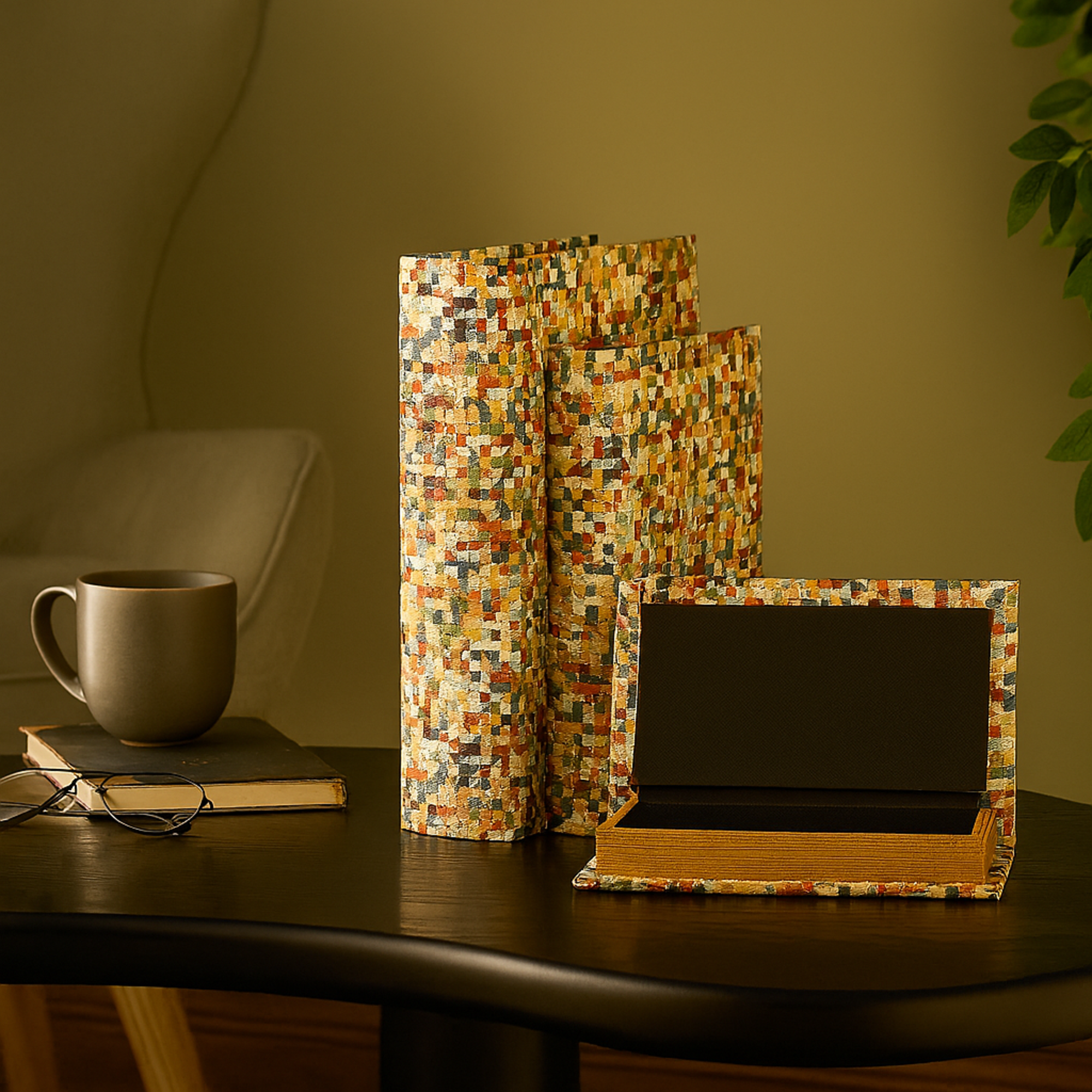 Set of 3 Multi Colored Fabric Faux Book Storage Decorative Box