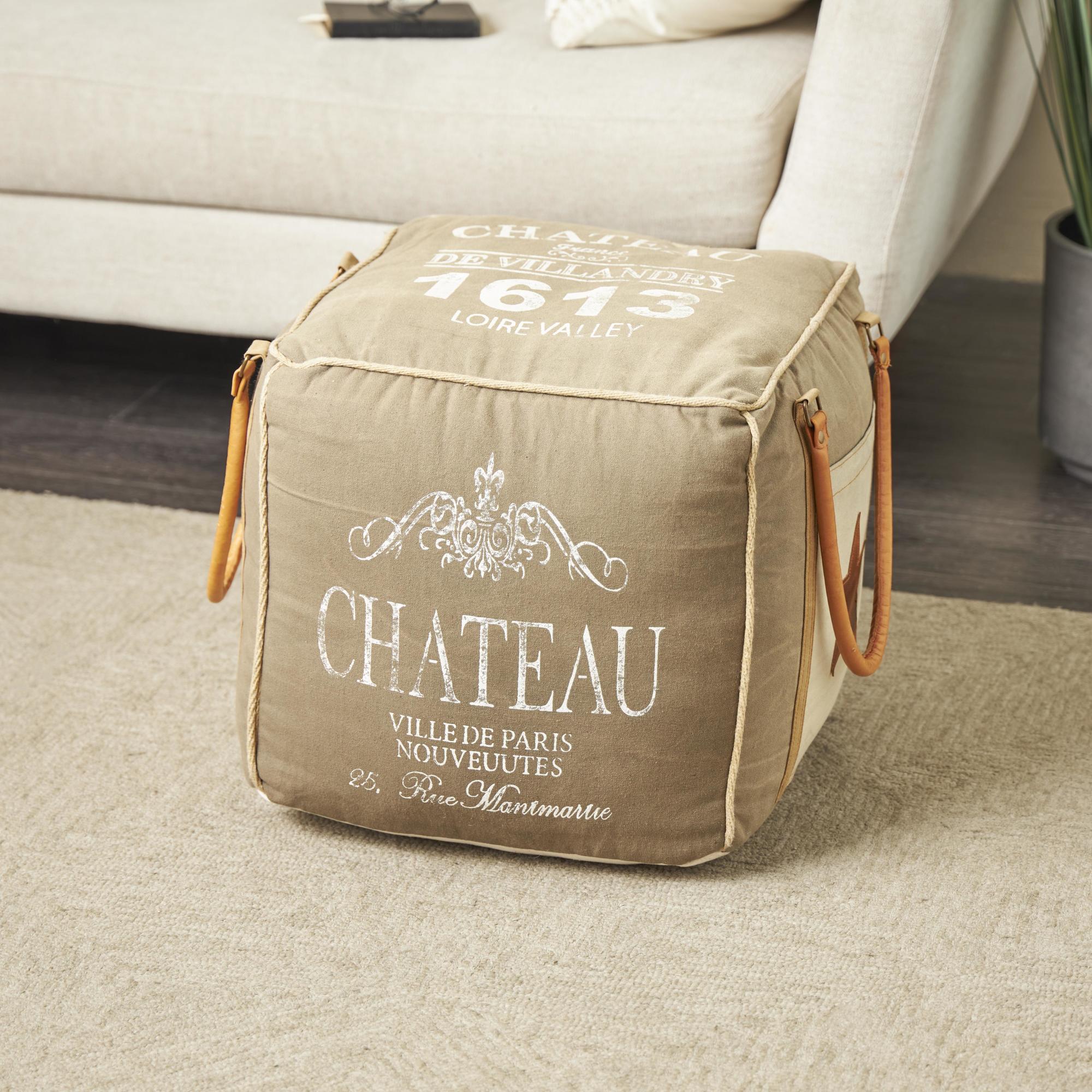 Scroll Canvas France Inspired Stuffed Pouf with Leather Star Pocket and Handles