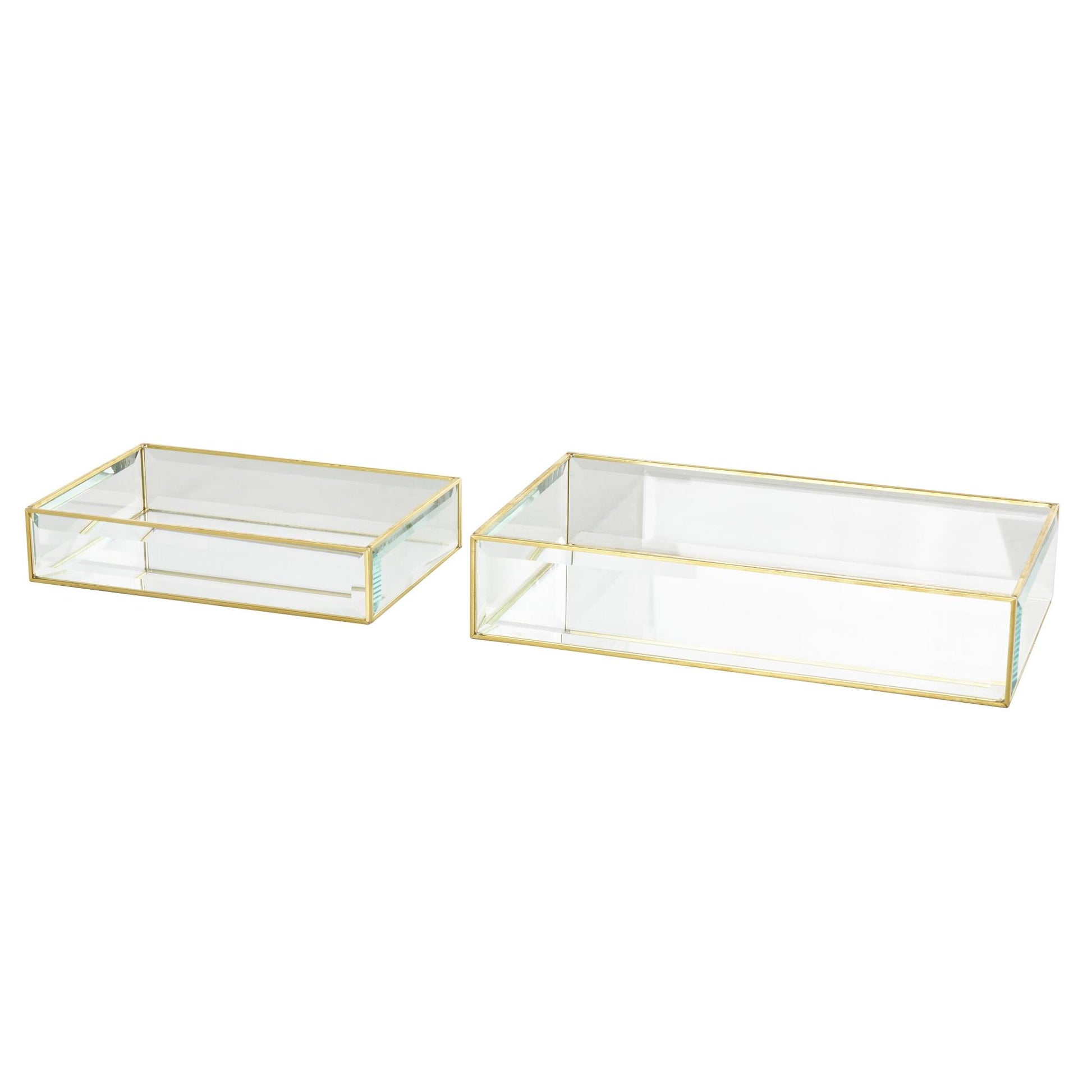 Set of 2 Clear Glass Beveled Decorative Jewelry Box with Gold Metal Frame