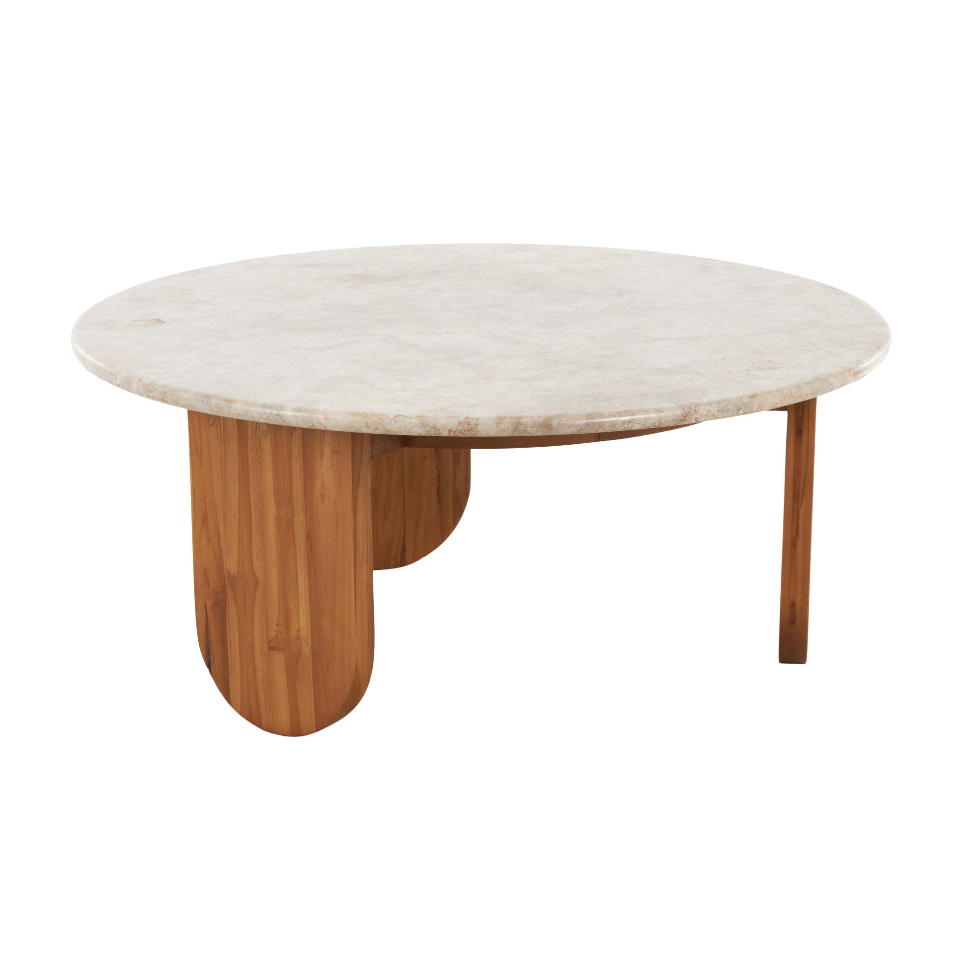 Brown Teak Wood Handmade Living Room Coffee Table with Beige Marble Tabletop