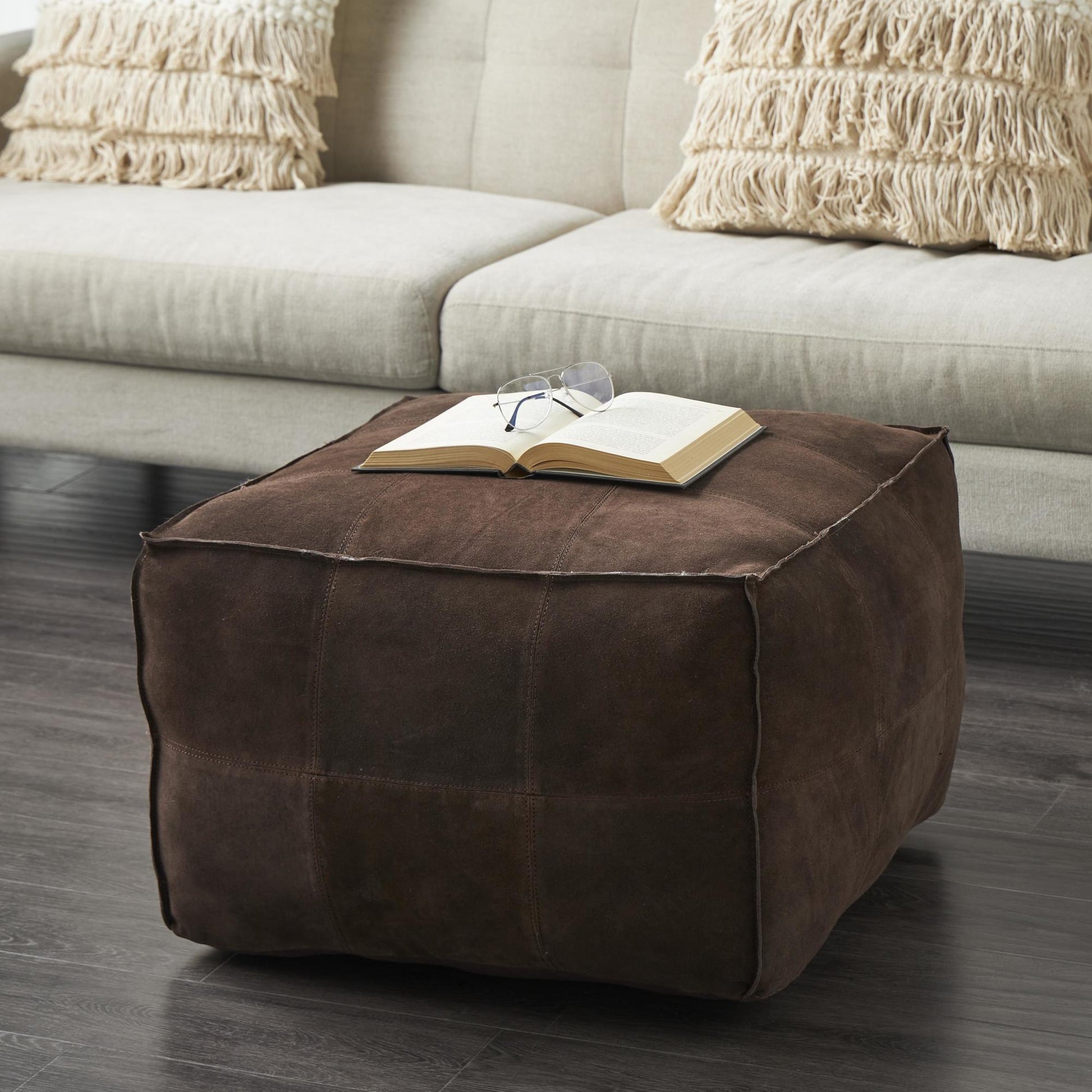 Leather Low Profile Square Stuffed Pouf with Patchwork Design