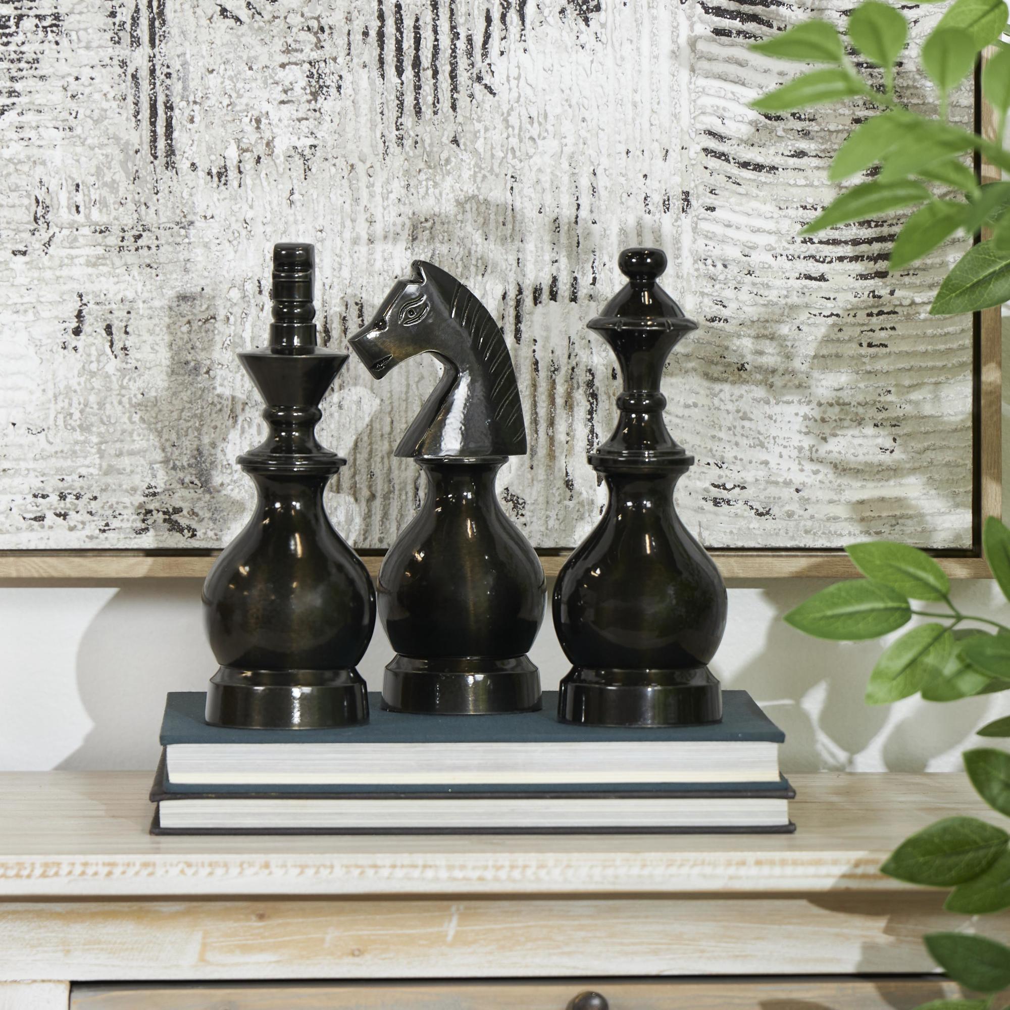 Set of 3 Chess Aluminum Metal King, Knight, Bishop Decorative Sculpture