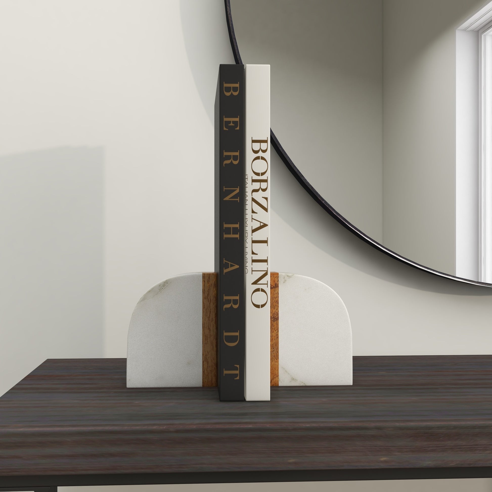 Set of 2 Geometric White Marble Arch Decorative Bookends with Wood Accent