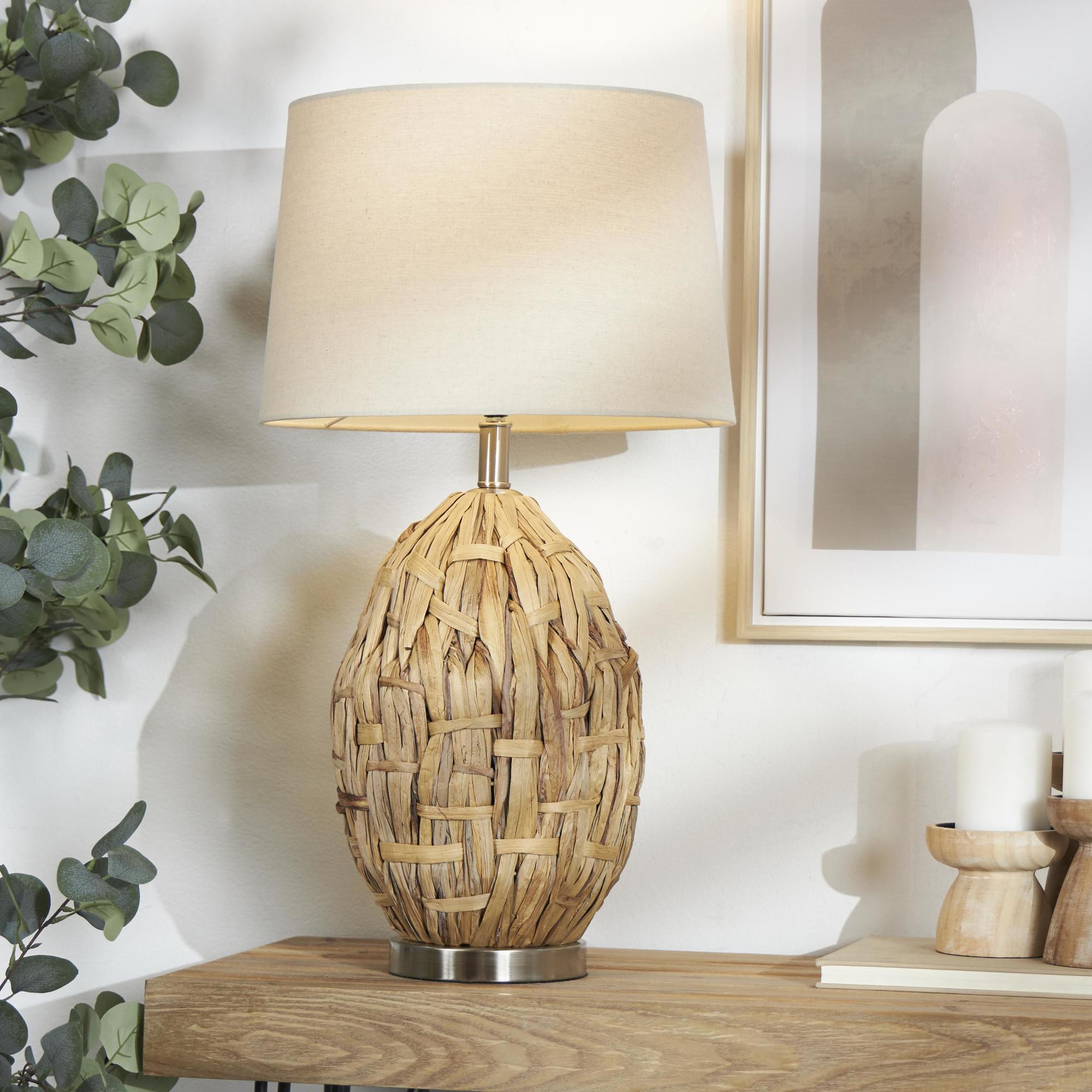 Brown Seagrass Handmade Woven Room Table Lamp with Silver Base
