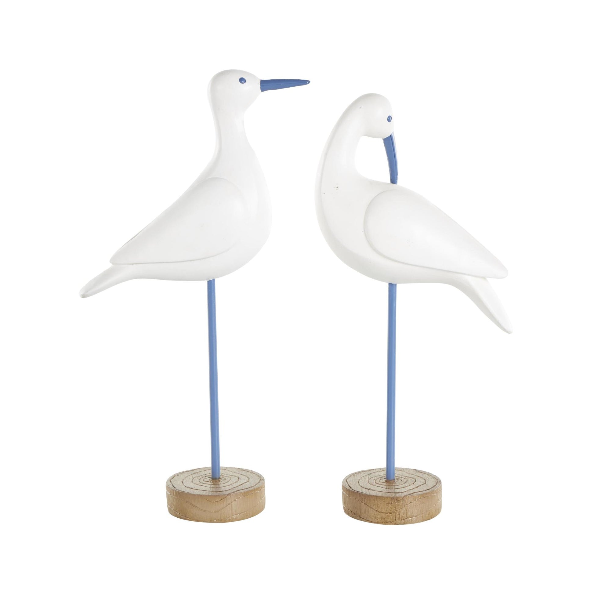 Set of 2 Bird White Polystone Decorative Sculpture with Blue Coral Patterns and Wood Inspired Bases