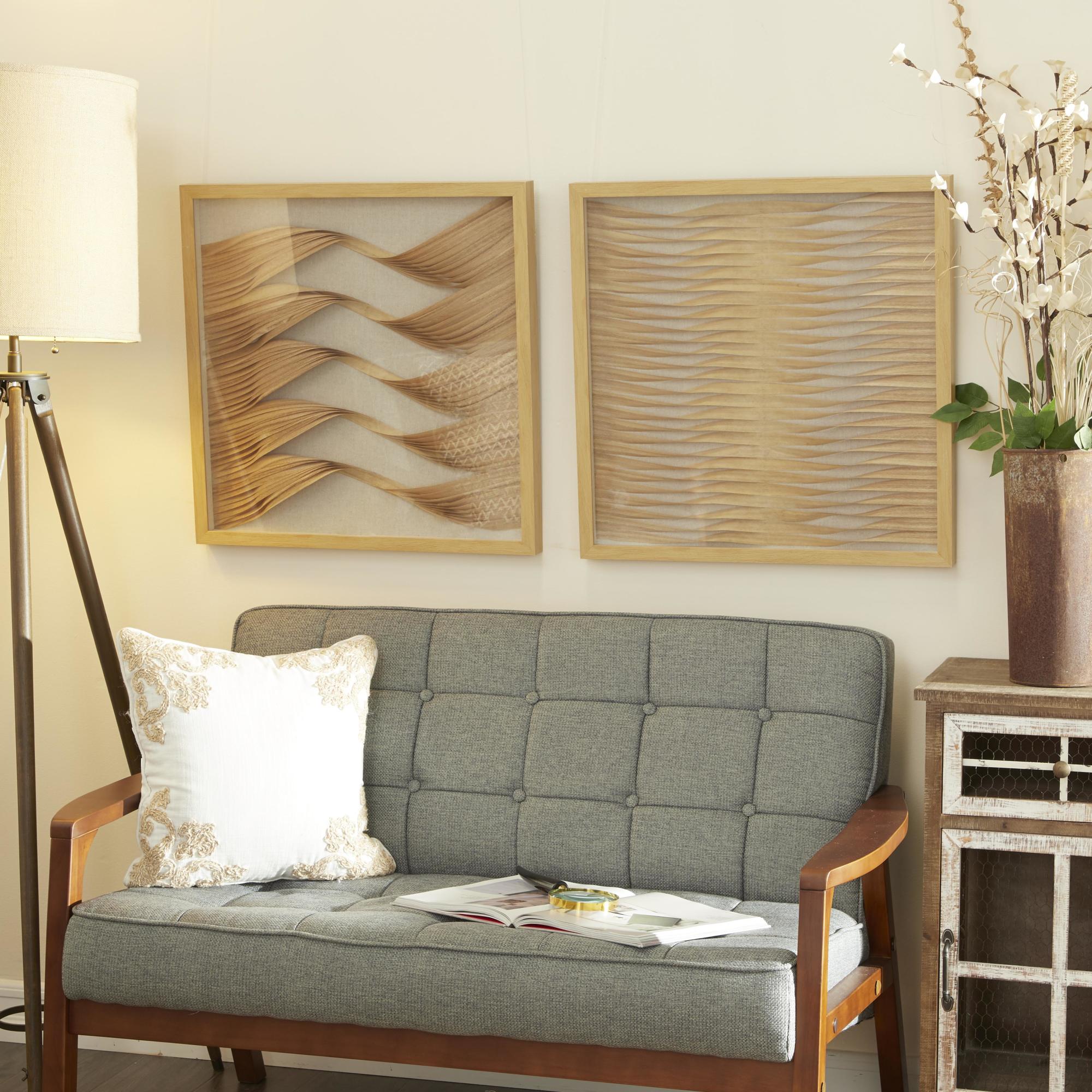 Set of 2 Abstract Brown Wooden Handmade Twisted Ribbon Home Shadow Box with Beige Linen Backing