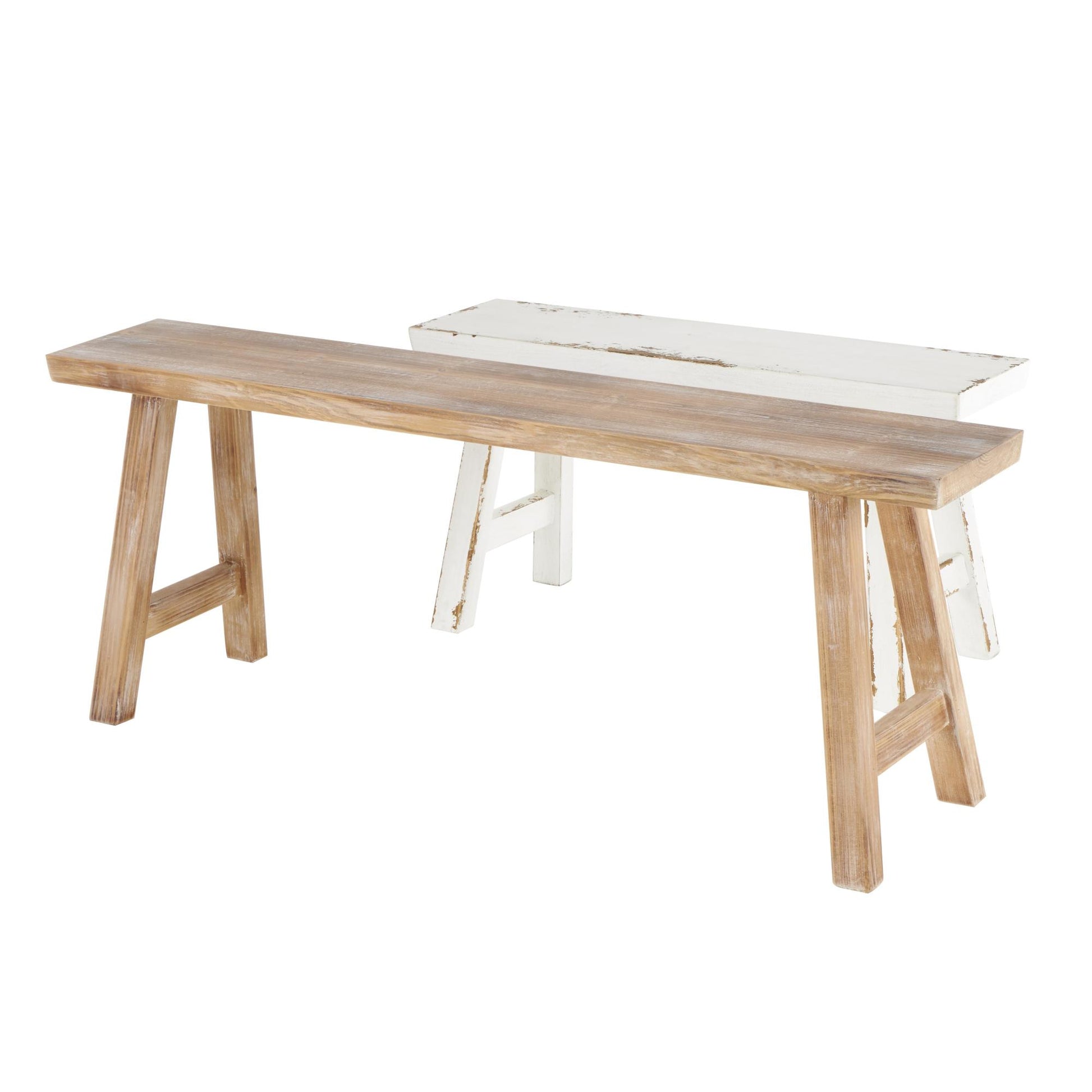 Set of 2 Brown Wood Slim Distressed Home Bench with Smaller White Bench
