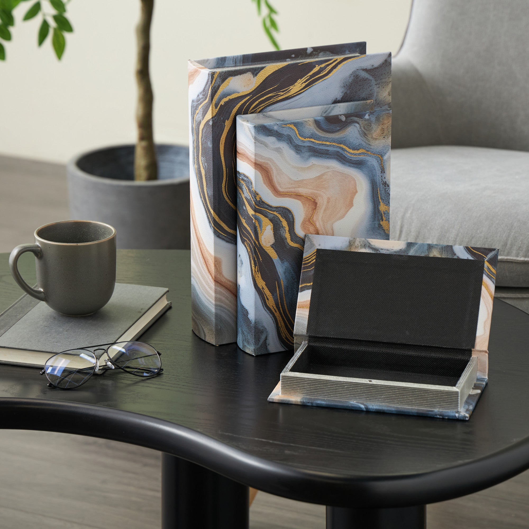 Set of 3 Geode Blue Faux Leather Faux Book Storage Decorative Box with Metallic Gold Accents