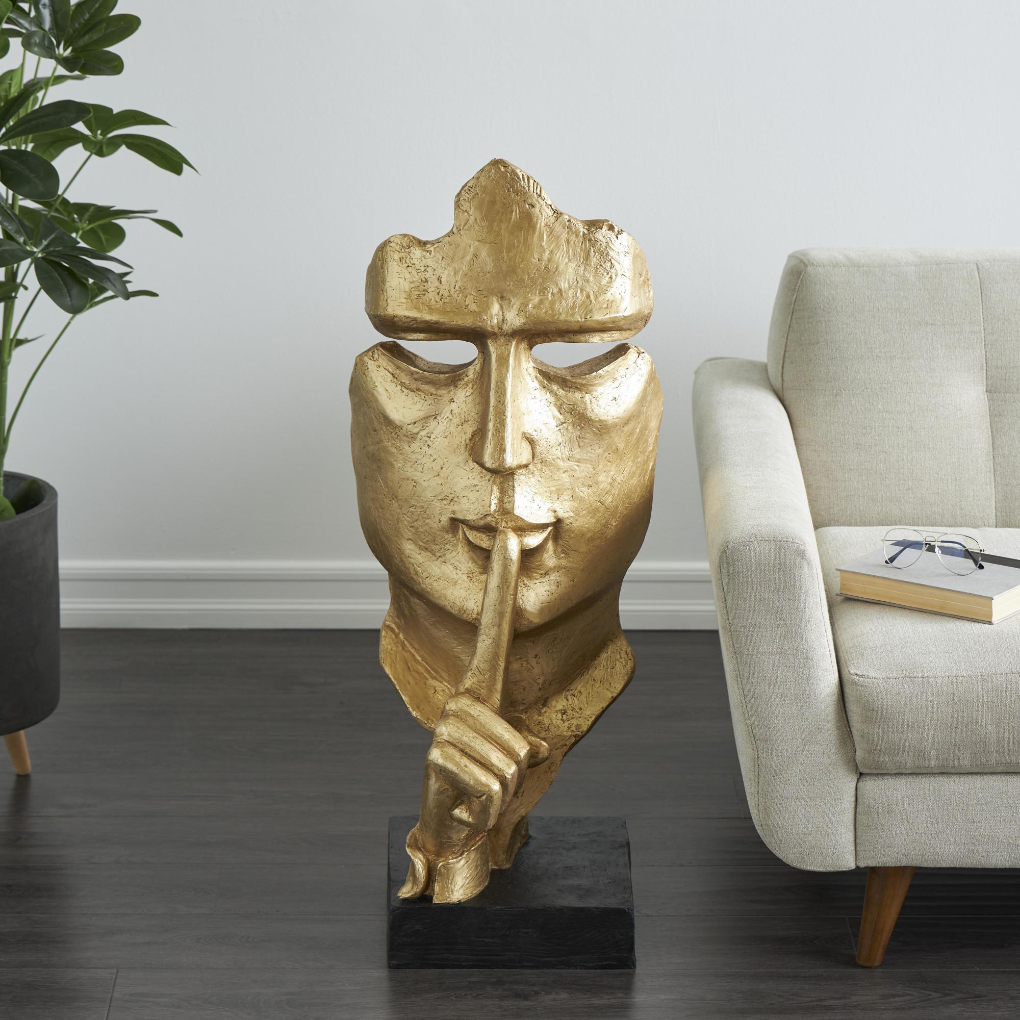 People Gold Polystone Large Cutout Quiet Gesture Face Decorative Sculpture with Black Base