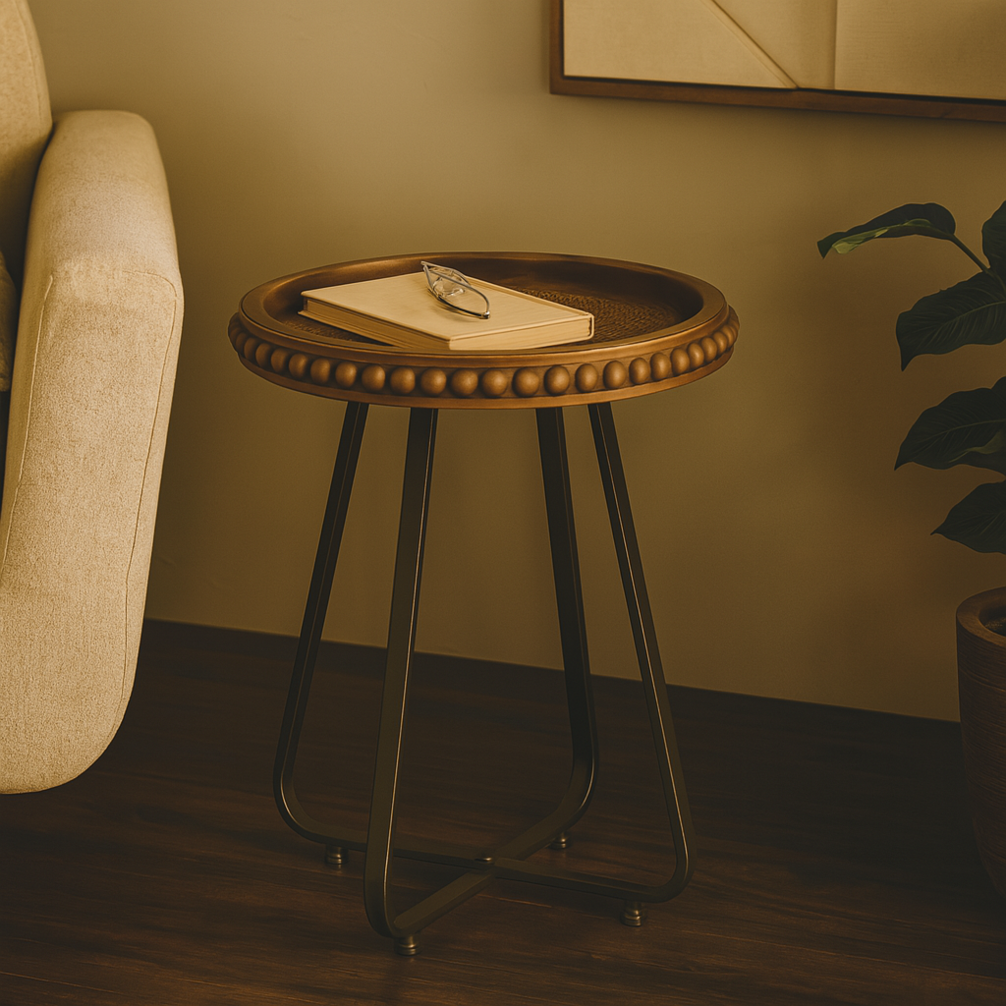 Brown Wood Beaded Side End Accent Table with Rounded Gray Metal Base and Rattan Accent