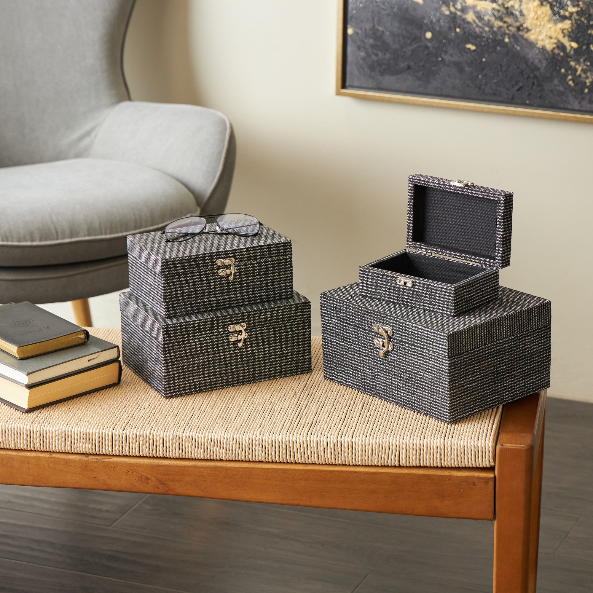 Set of 4 Fabric Handmade Storage Decorative Box with Silver Latches Set of 4 10", 9", 8", 6"H