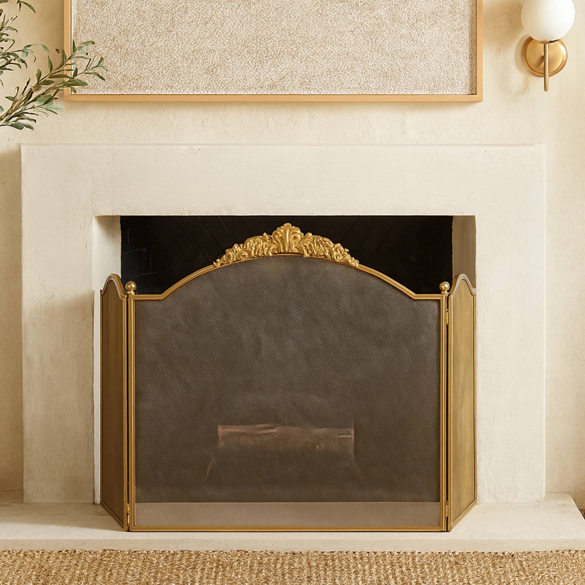 Floral Gold Metal Ornate Antique Arched 3 Panel Living Room Fireplace Screen with Finial Accents