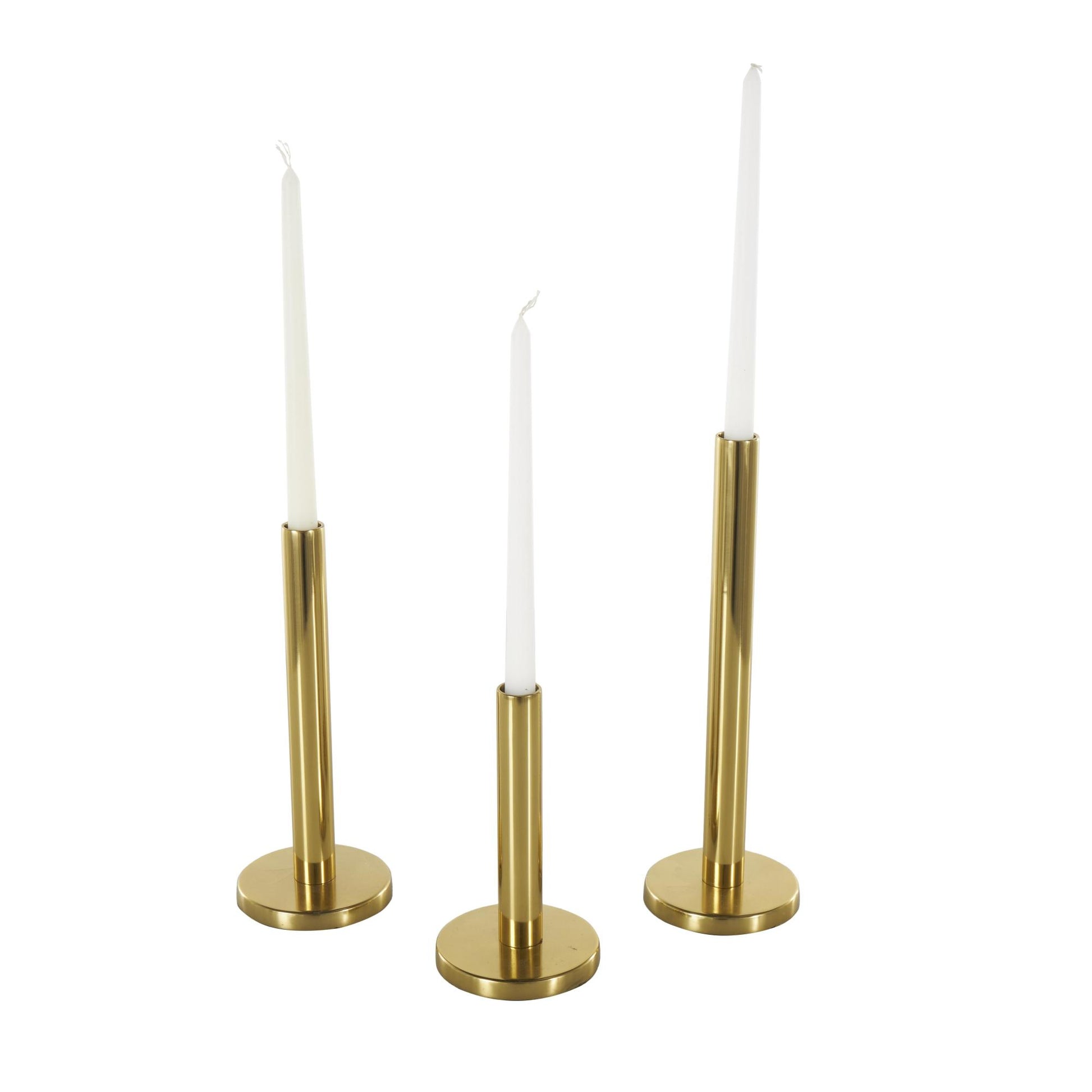 Set of 3 Gold Stainless Steel Metal Slim Decorative Candle Holder with Round Base