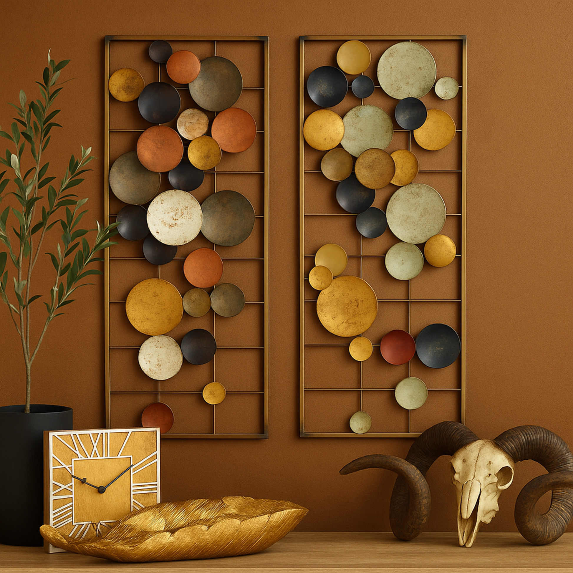 Set of 2 Geometric Multi Colored Metal Overlapping Round Cutouts Home Wall Decor