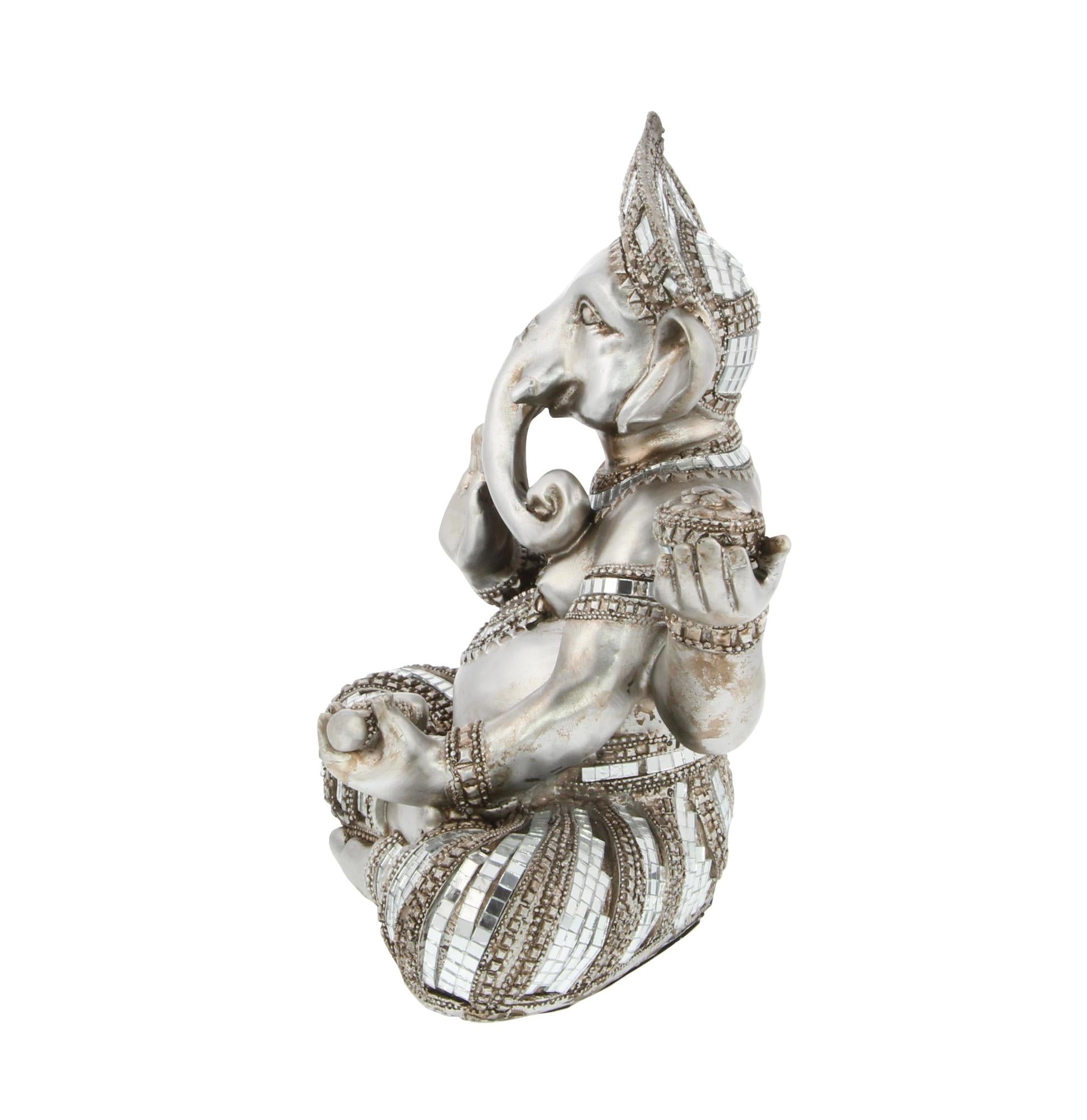 Ganesh Silver Polystone Meditating Decorative Sculpture with Engraved Carvings and Relief Detailing