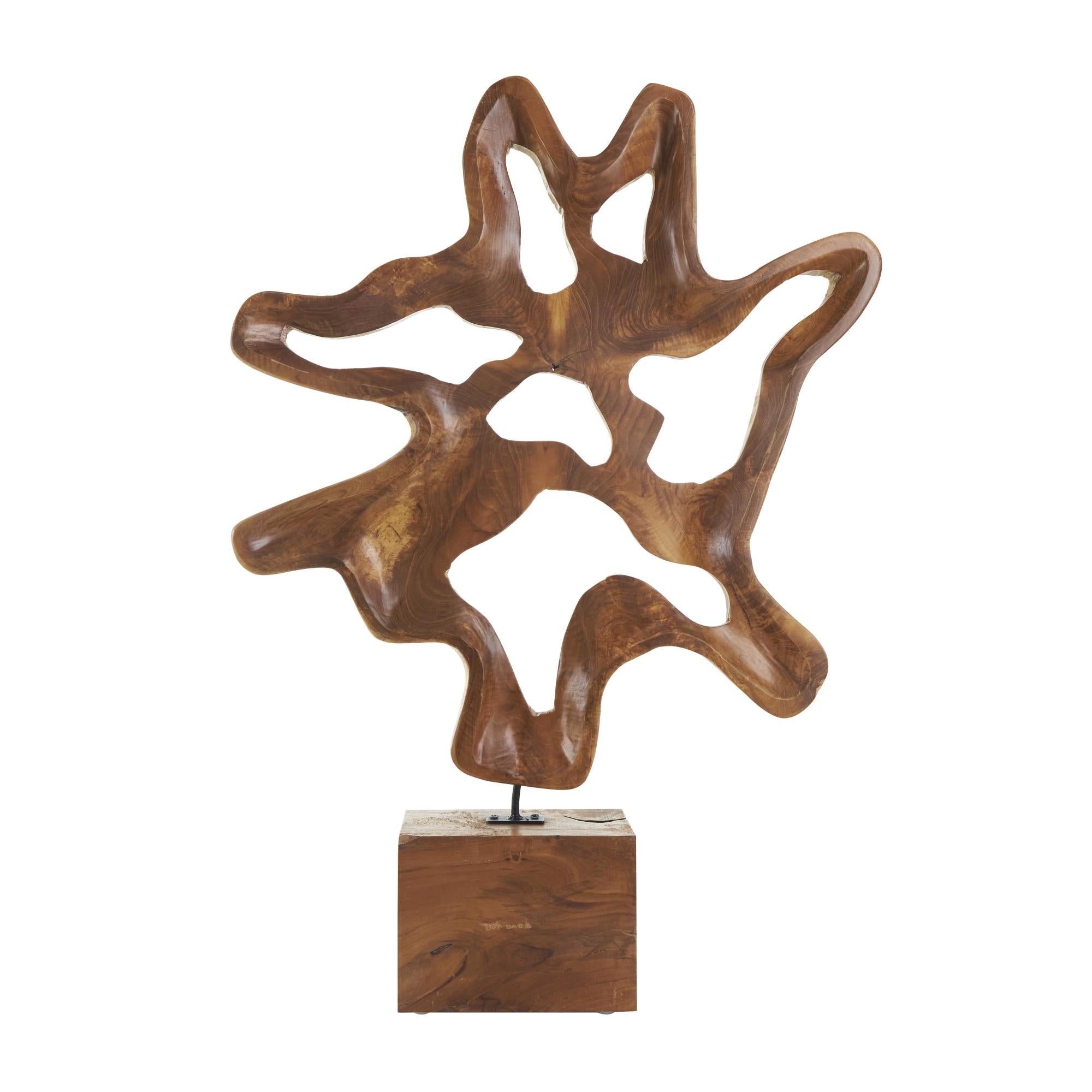 Abstract Brown Teak Wood Cutout Decorative Sculpture with Block Base