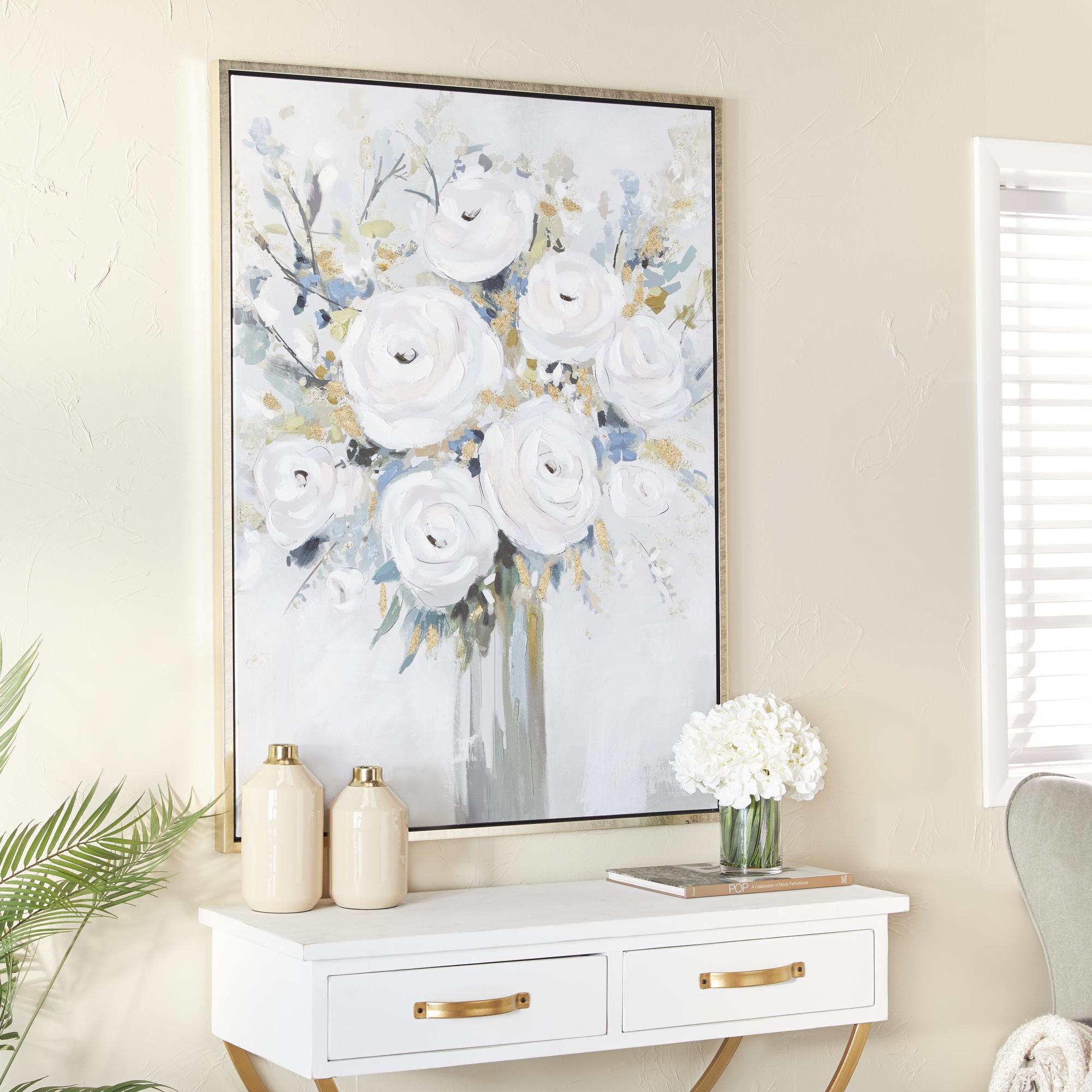Floral White Canvas Bouquet Living Room Framed Wall Art with Silver Frame