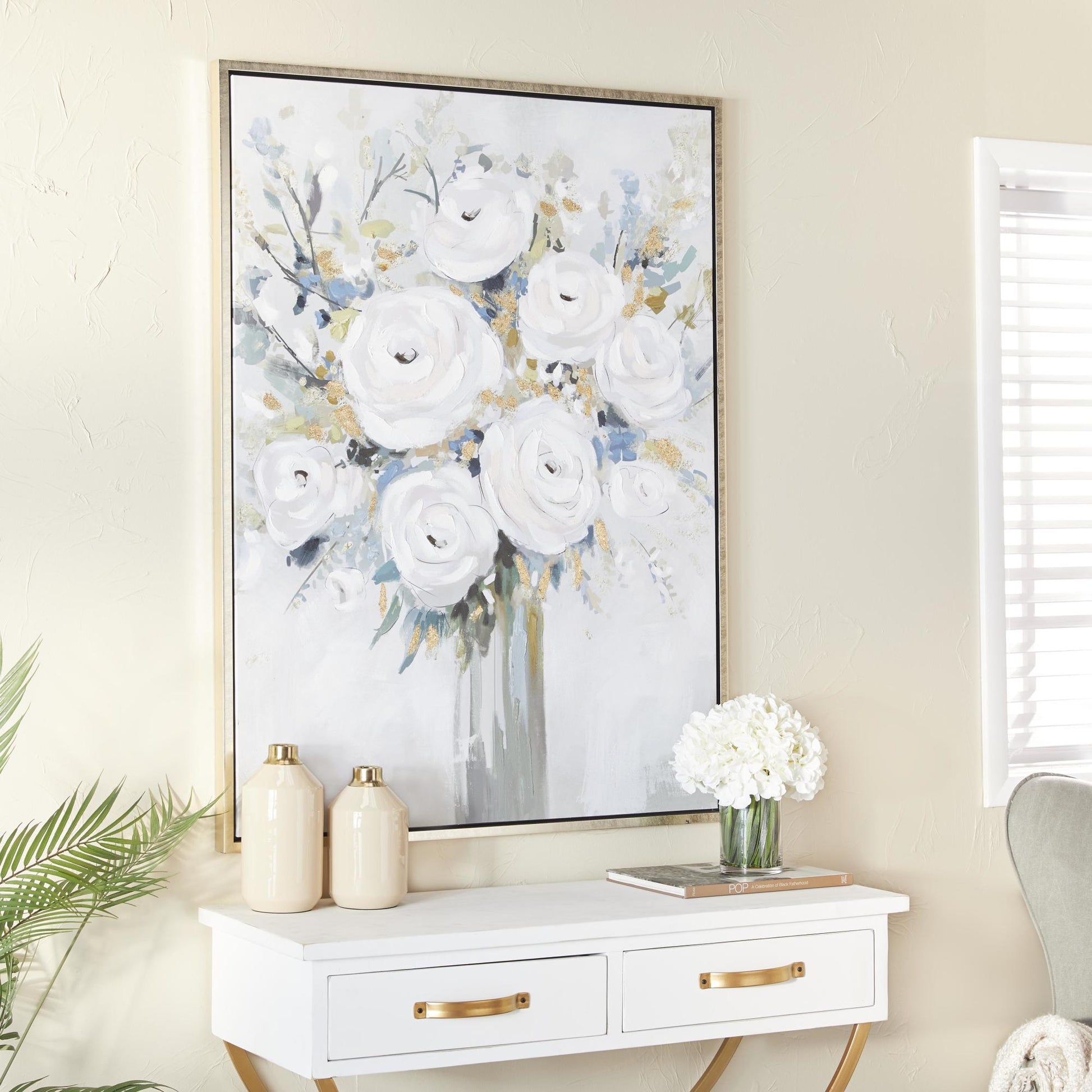 Floral White Canvas Bouquet Living Room Framed Wall Art with Silver Frame