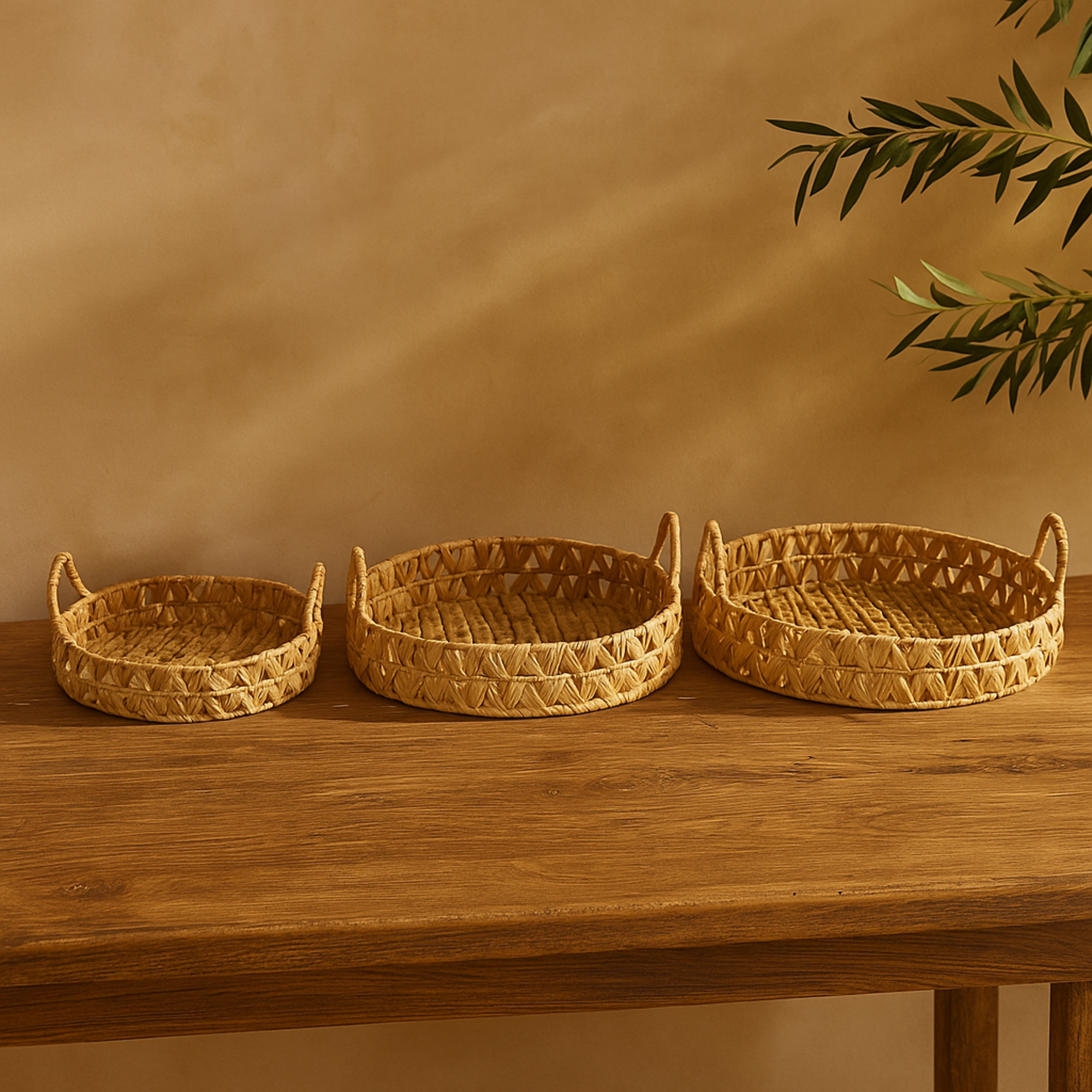 Set of 3 Brown Seagrass Handmade Woven Living Room Decor Tray with Handles