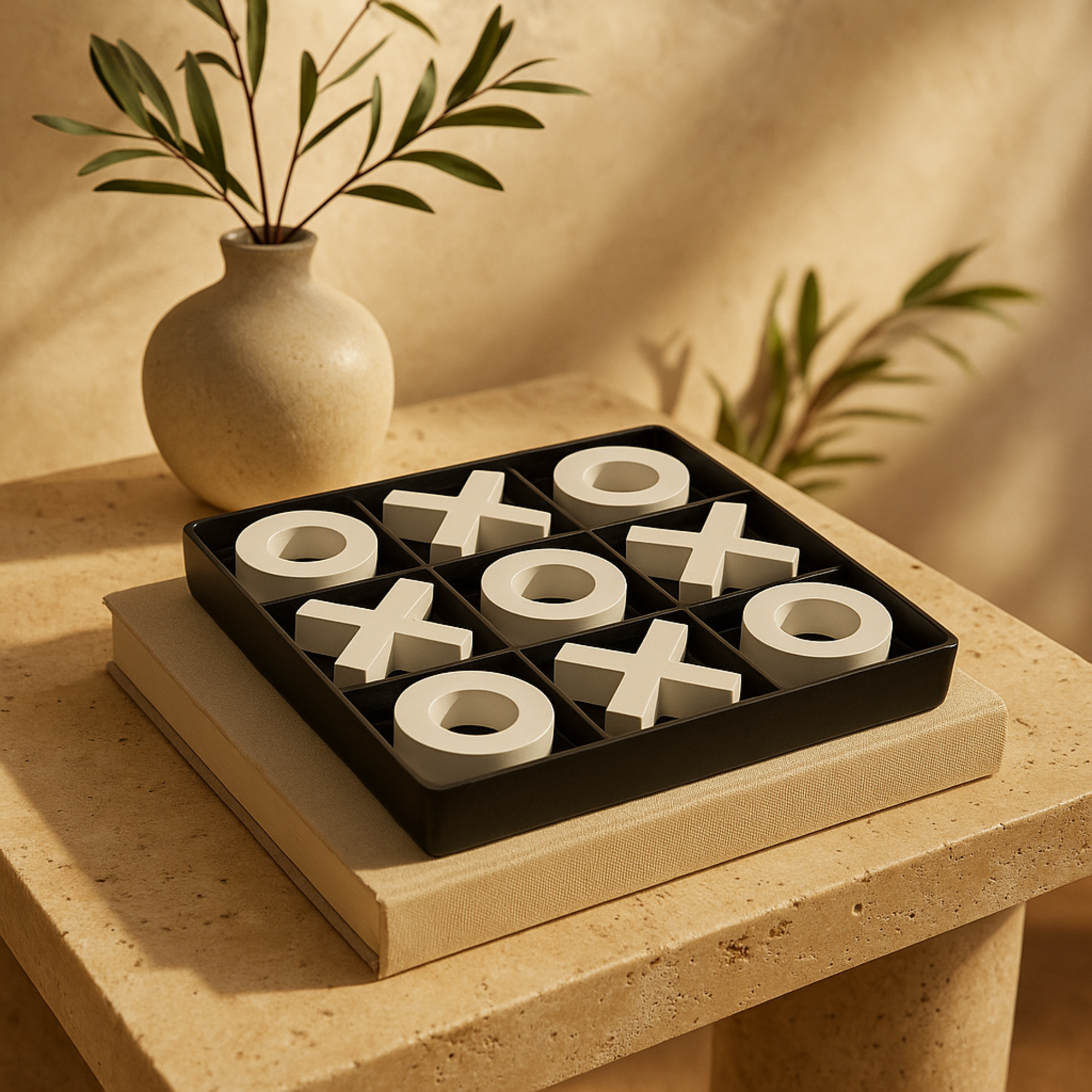 Tic Tac Toe Black Wood Home Decor Game Set with White Pieces